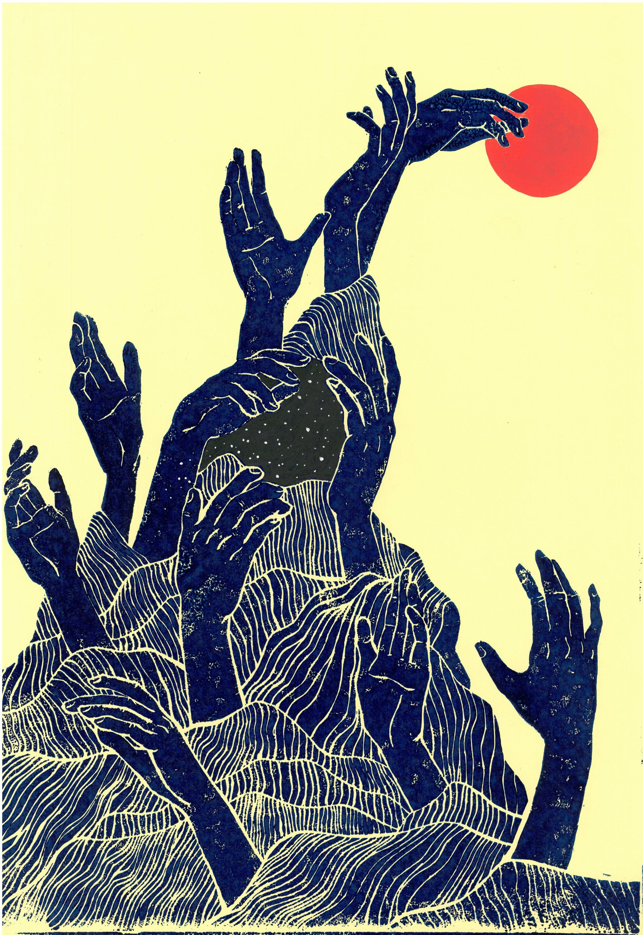 На графическом листе изображены танцующие среди волн руки на рассвете.