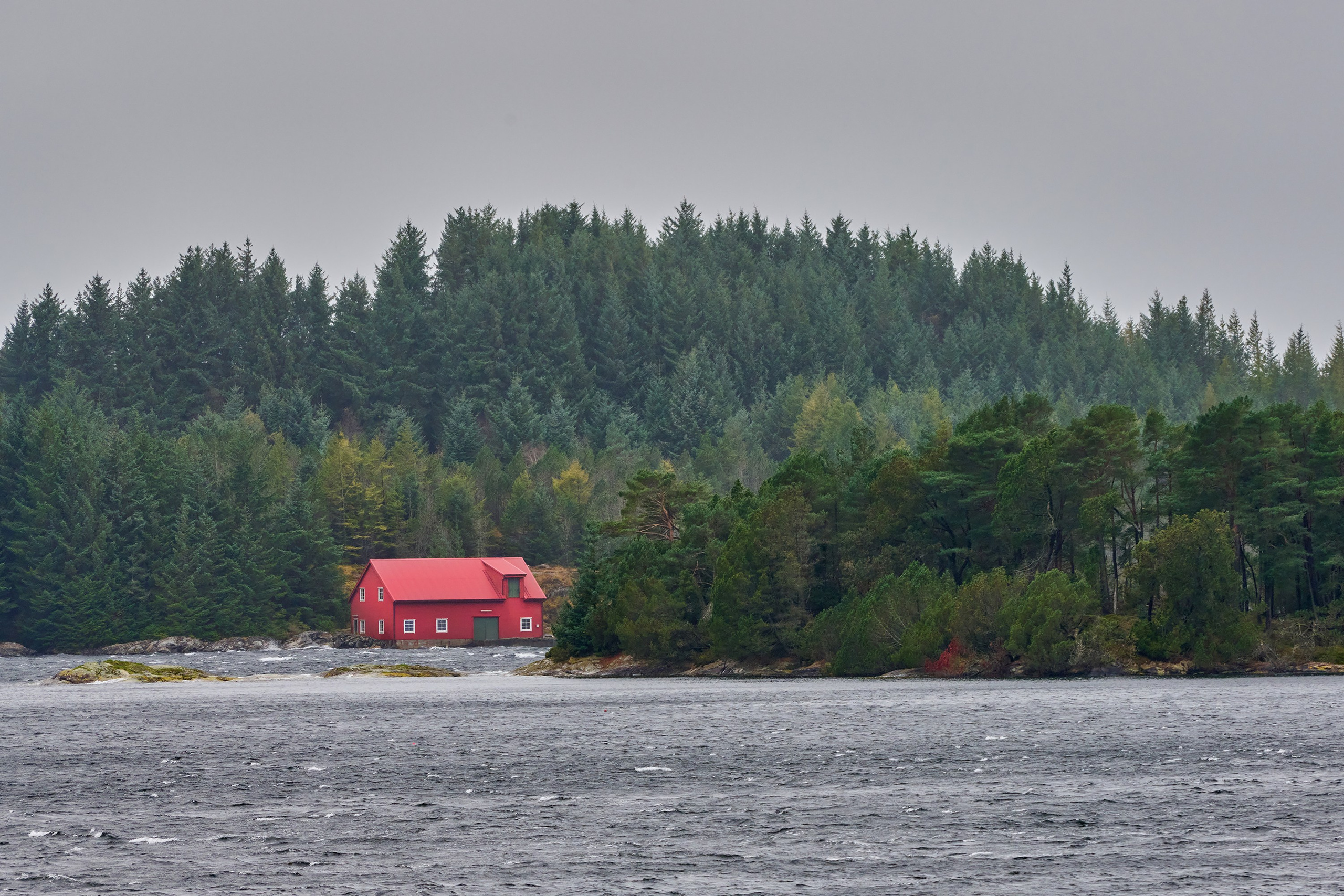 Берег, море, океан, дом, лес, дом у моря, красный дом