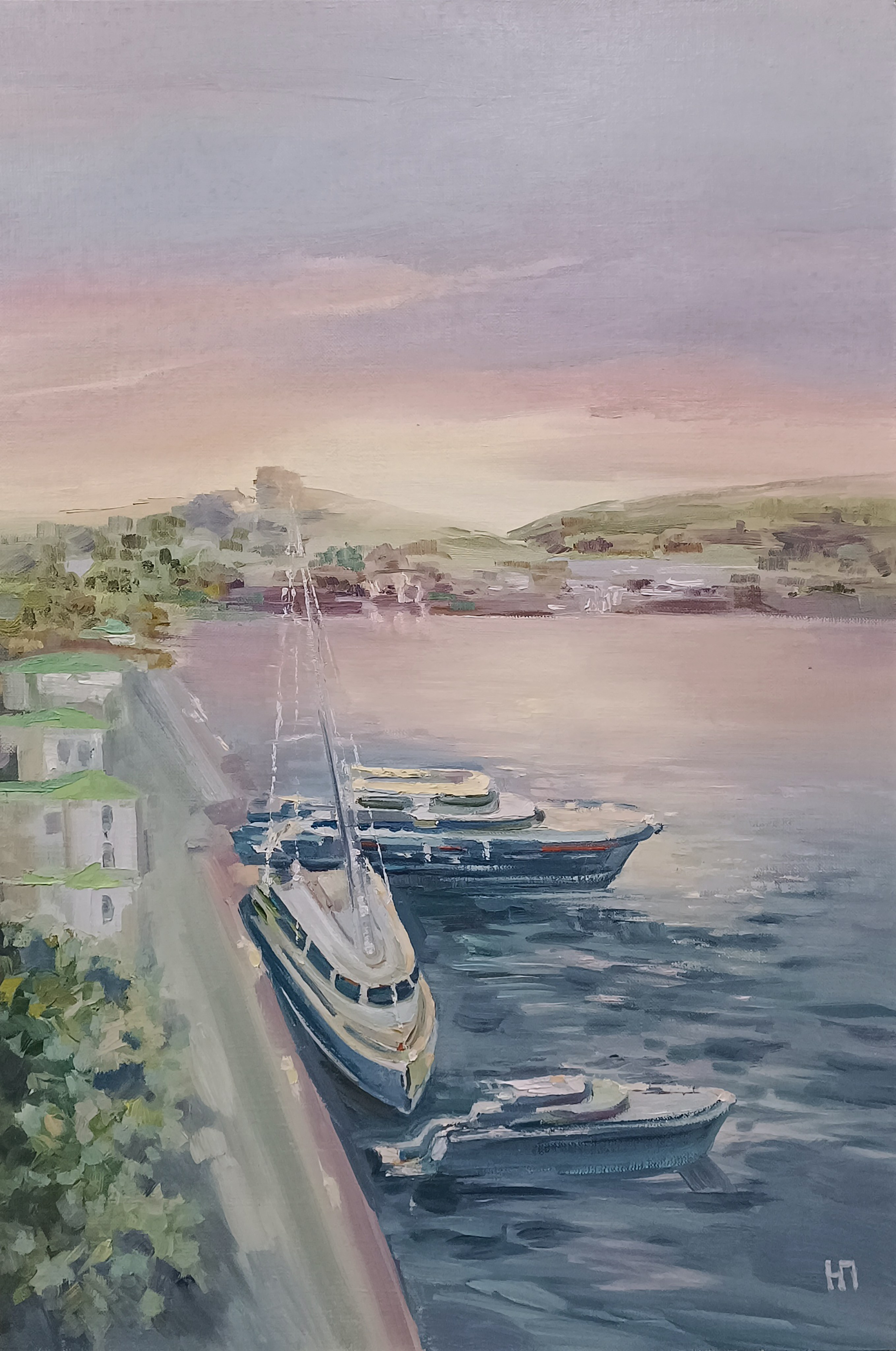 картина с изображением кораблей, яхт на закате