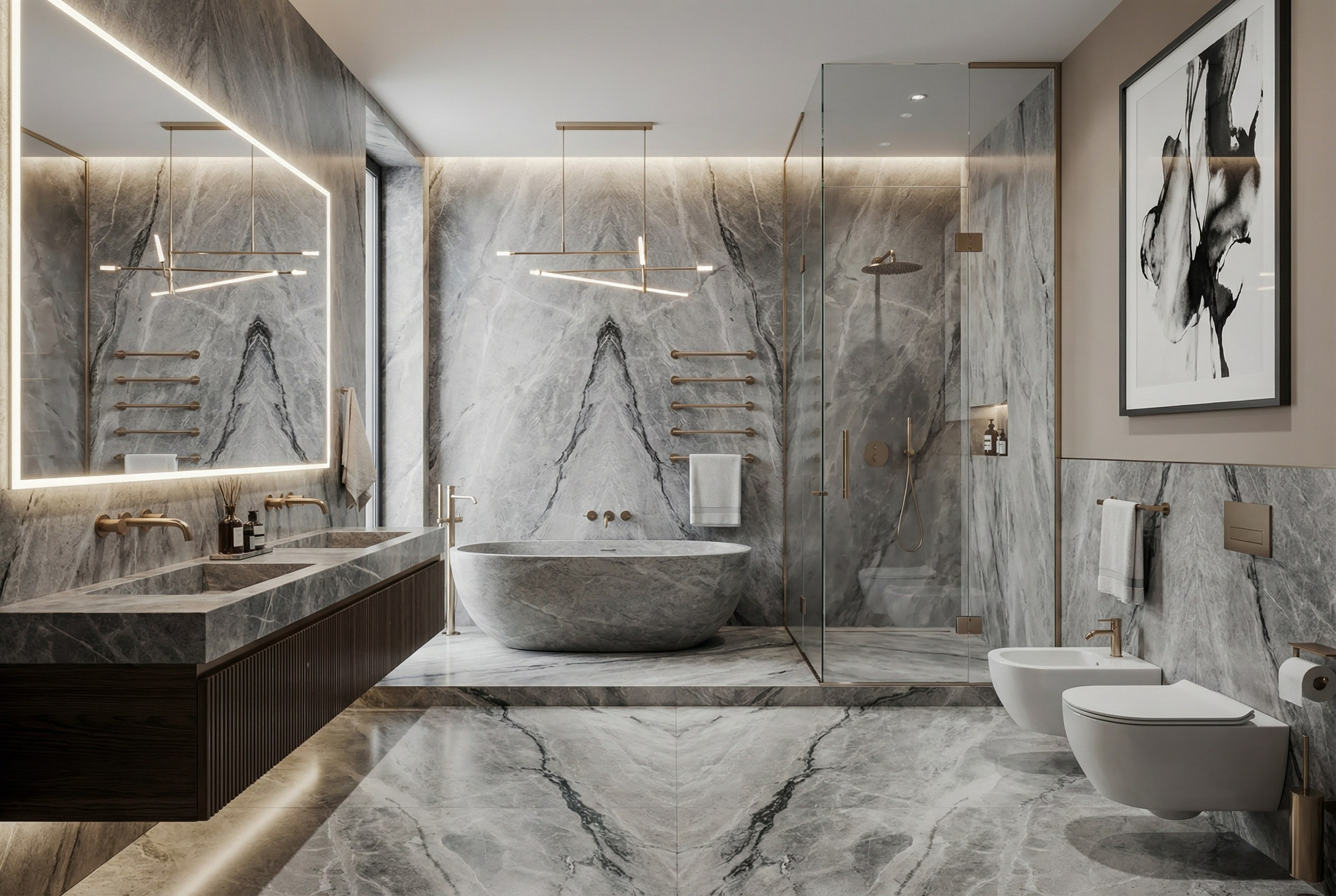 Роскошный дизайн ванной комнаты от Валерии Котович: отделка мрамором с симметричным рисунком, отдельно стоящая каменная ванна, двойная раковина и золотые смесители.