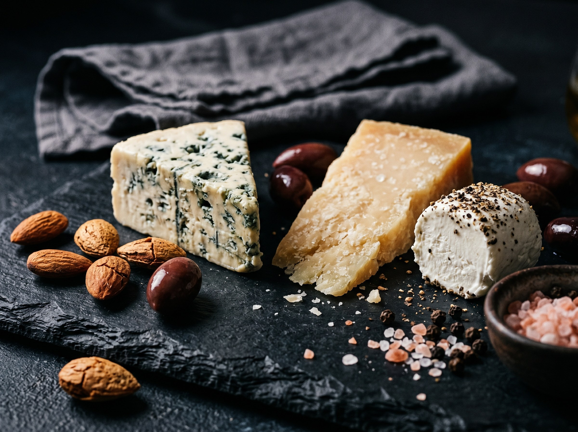 Детальная ретушь продуктов питания: сырная тарелка с орехами для каталога