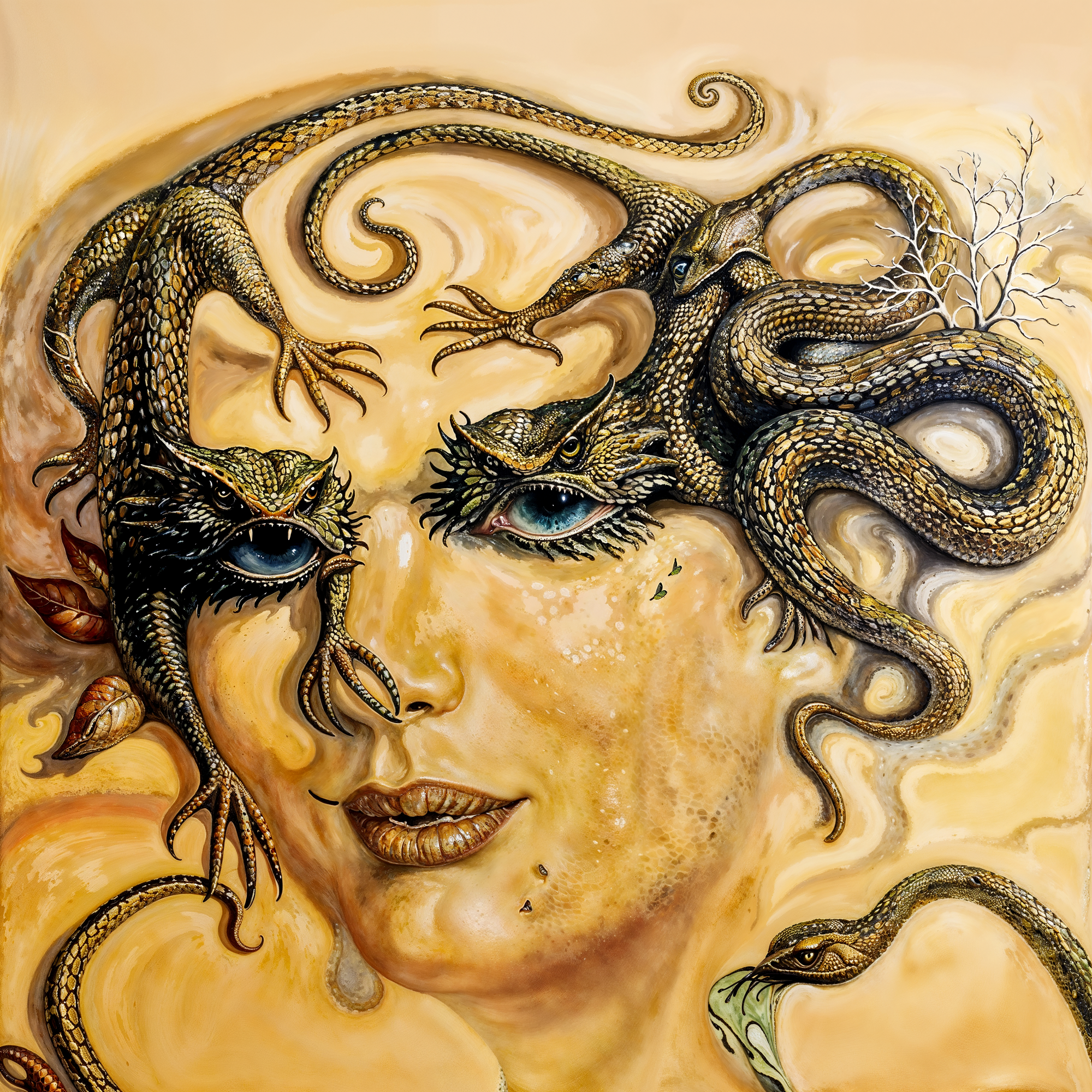 Женский портрет, составленный из ящериц и змей на бежевом фоне