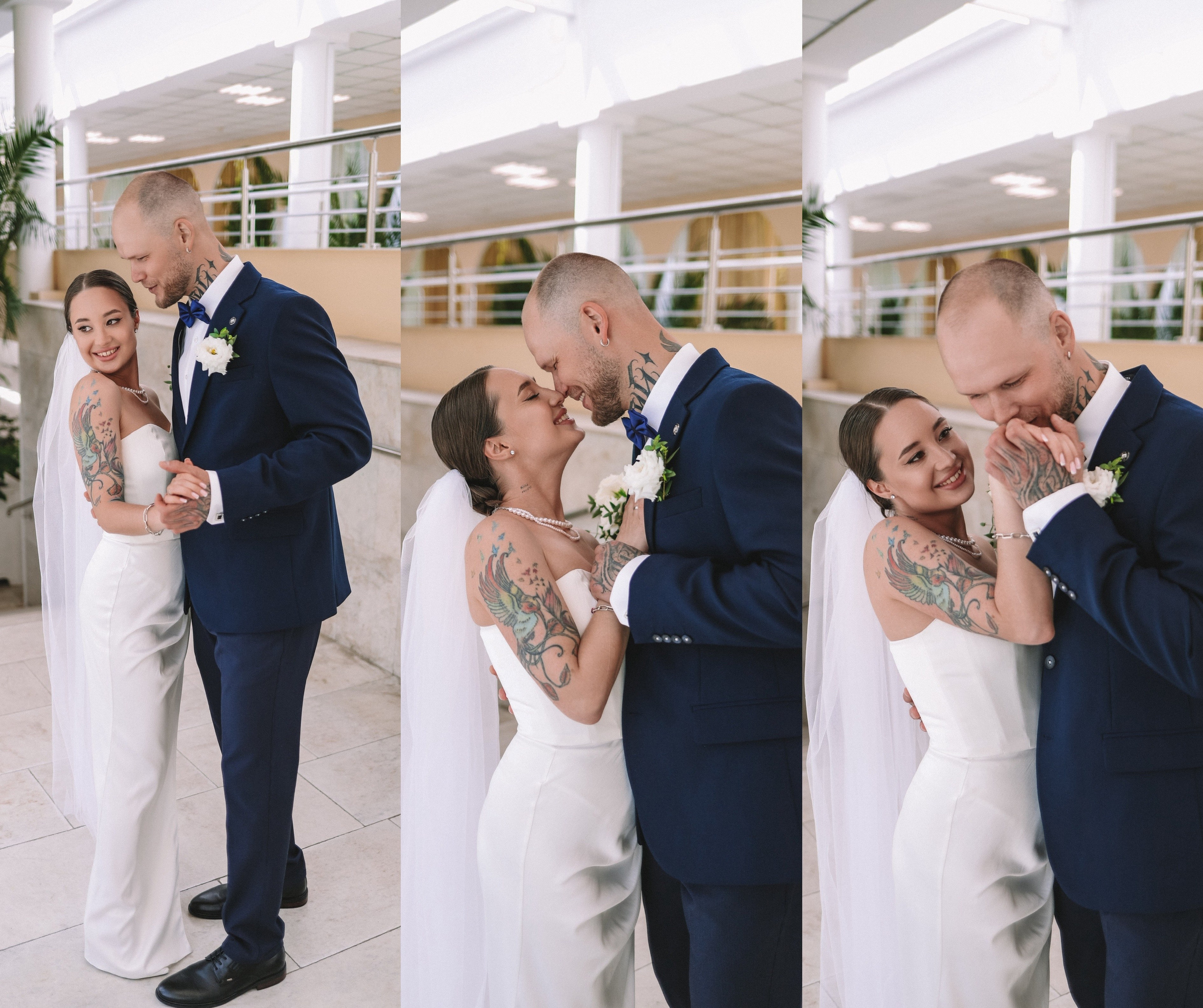 Свадебная фотосессия в интерьере — жених и невеста позируют вместе