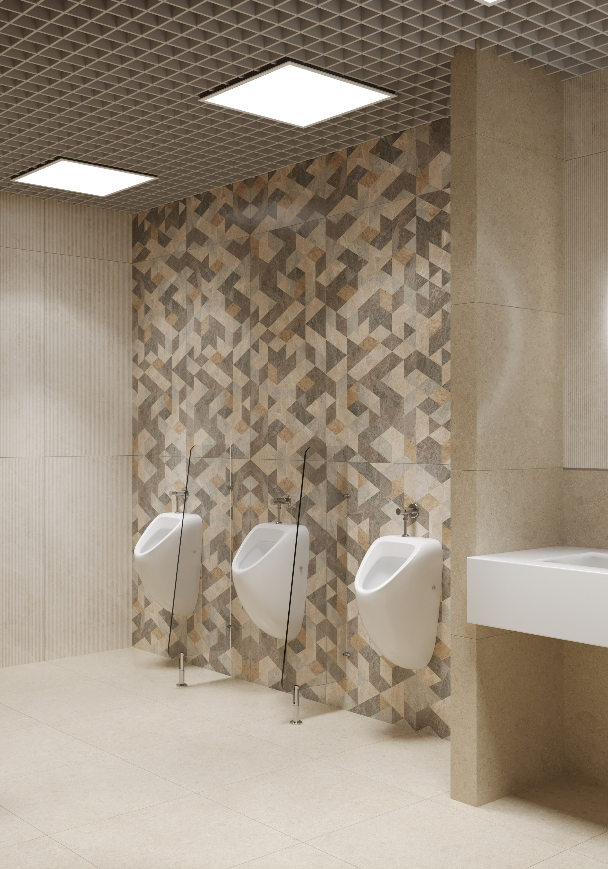 Рендер трех писсуаров, установленные вдоль стены с геометрическим плиточным узором