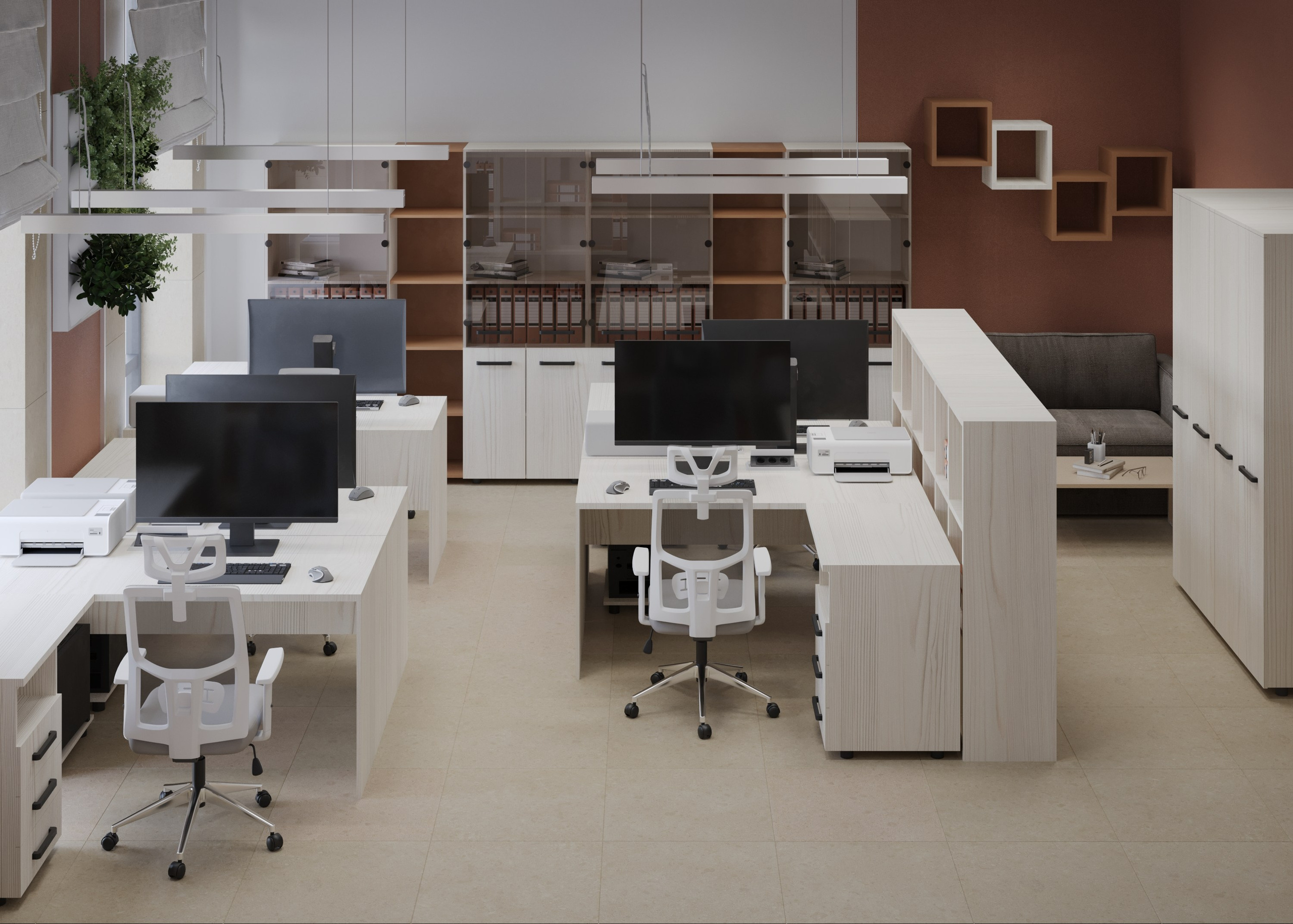 Рабочая зона бухгалтерии с несколькими столами, компьютерами, офисными стеллажами