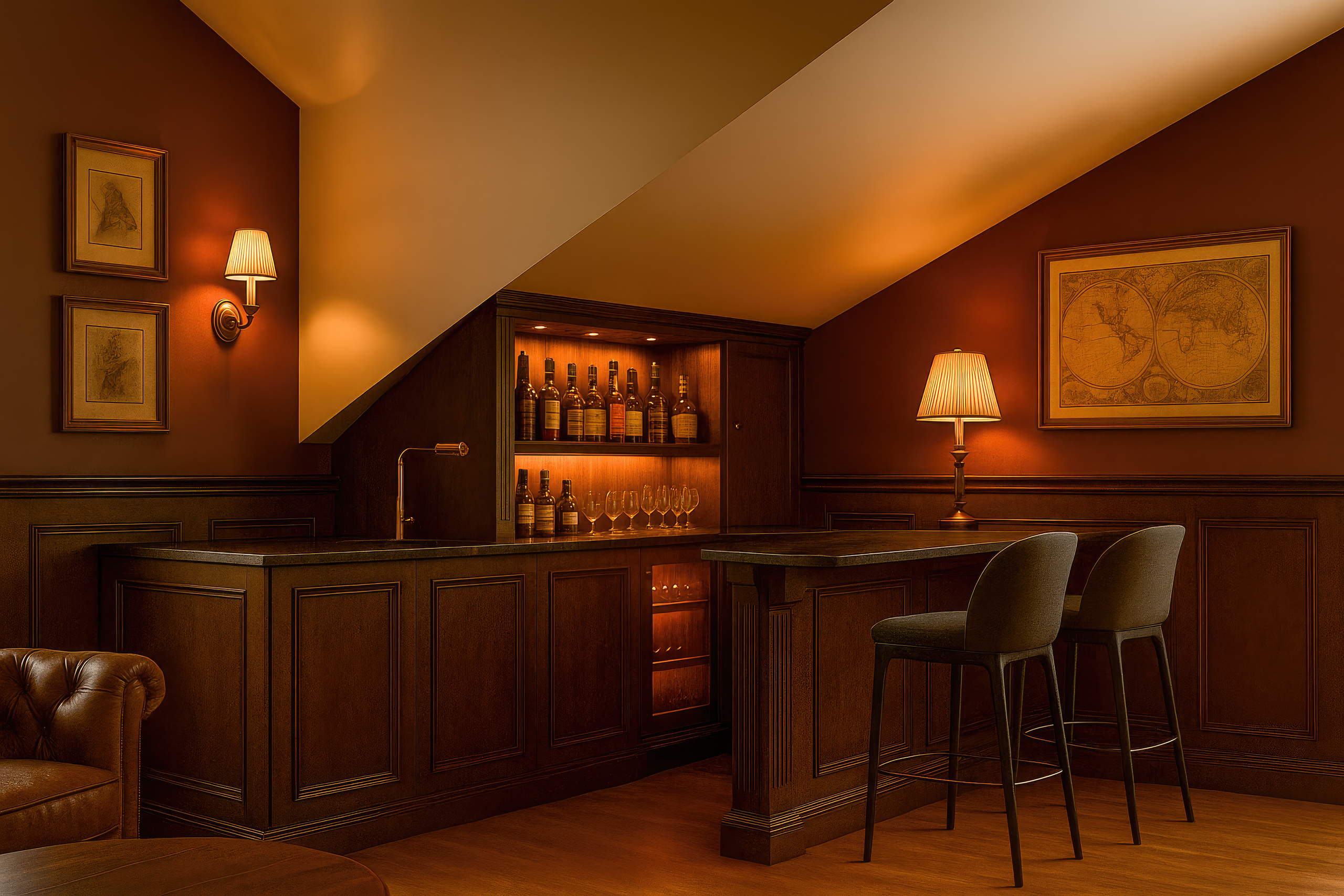  Детализированная вид уютного бара с тёплым светом и деревянной отделкой