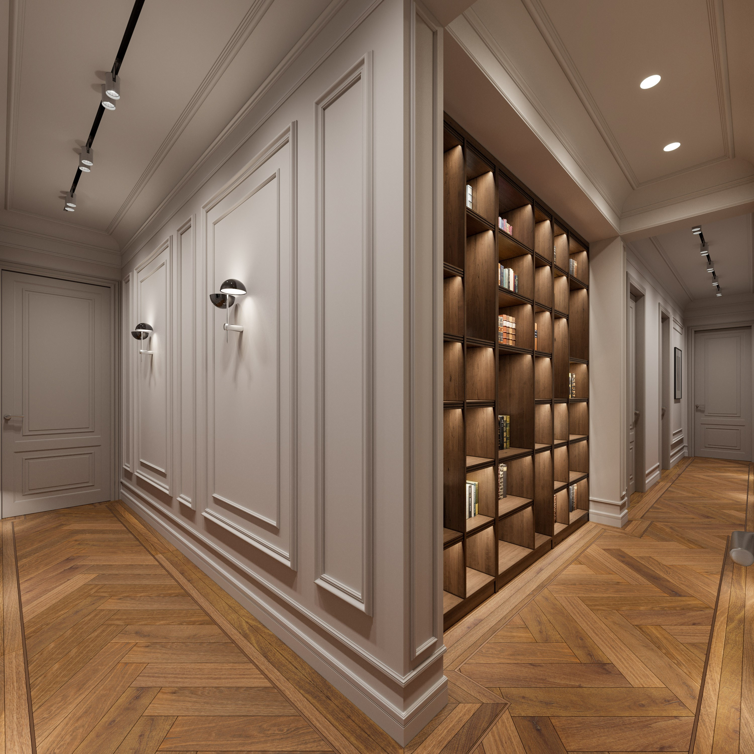 Архитектурный коридор с пилястрами и встроенными книжными шкафами в неоклассике