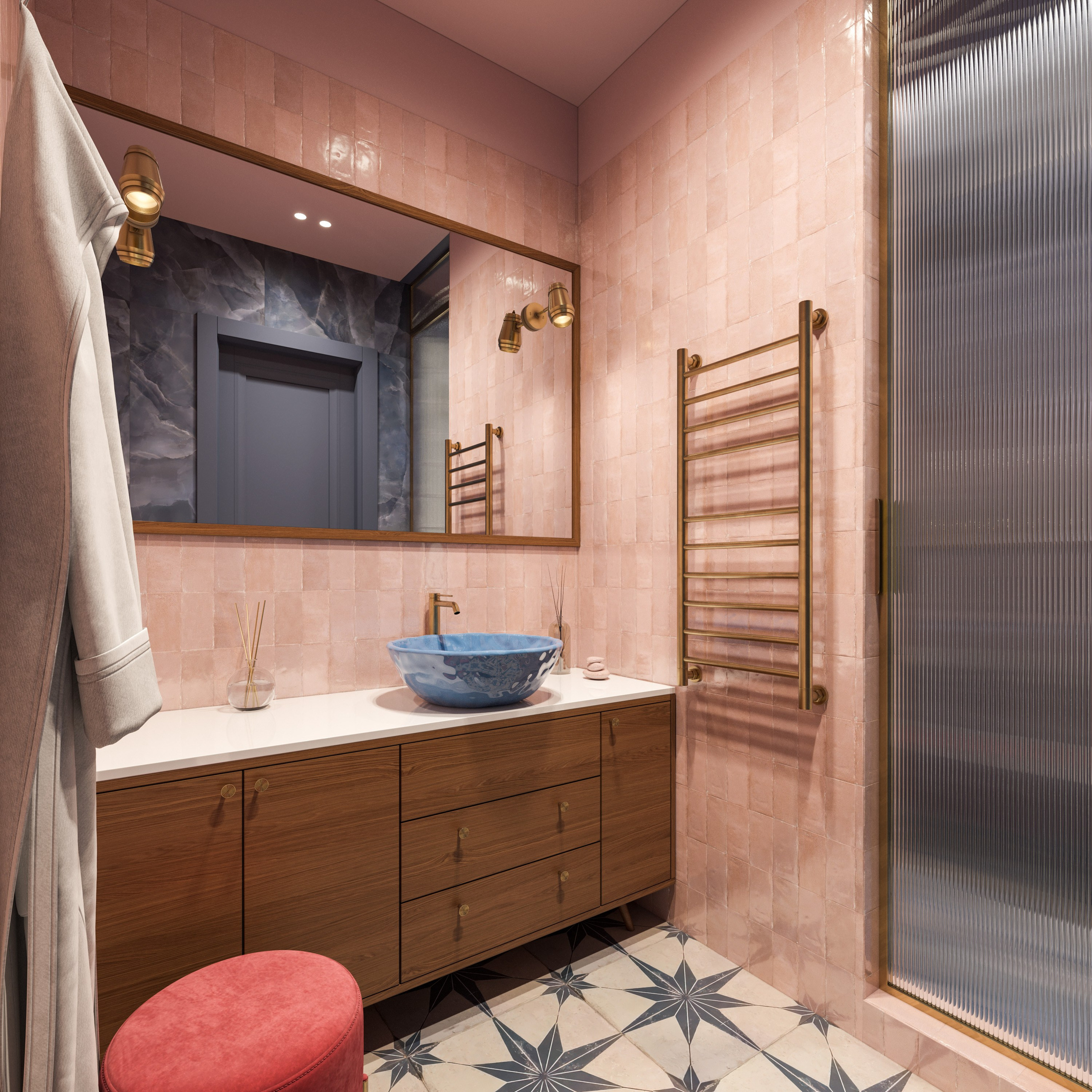 Зона умывания с синей раковиной и деревянным зеркалом с золотыми бра