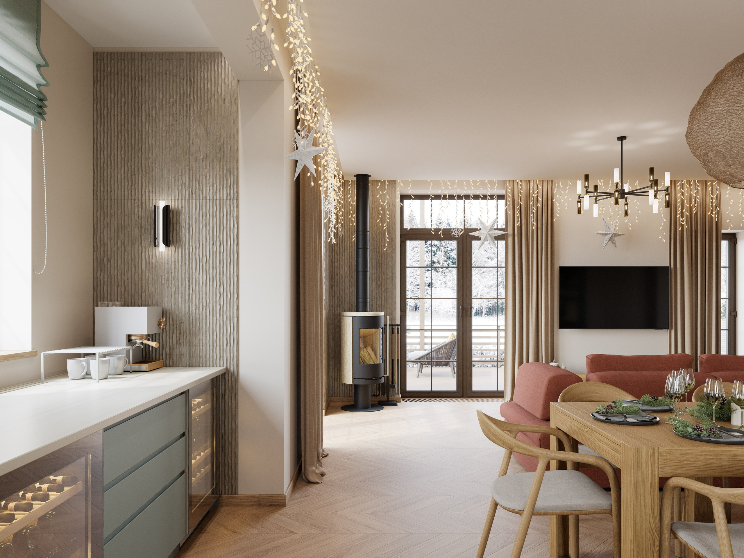 Кухня-столовая с выходом на веранду с камином и декоративной плиткой в нише