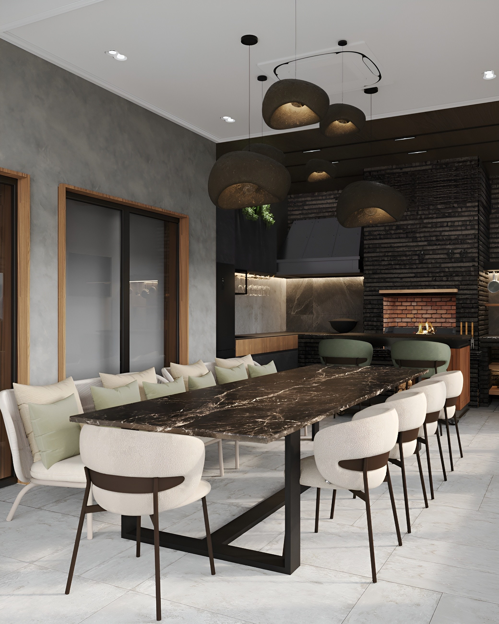 Терраса в загородном доме с камином. 3D Визуализация интерьеров жилых и коммерческих помещений