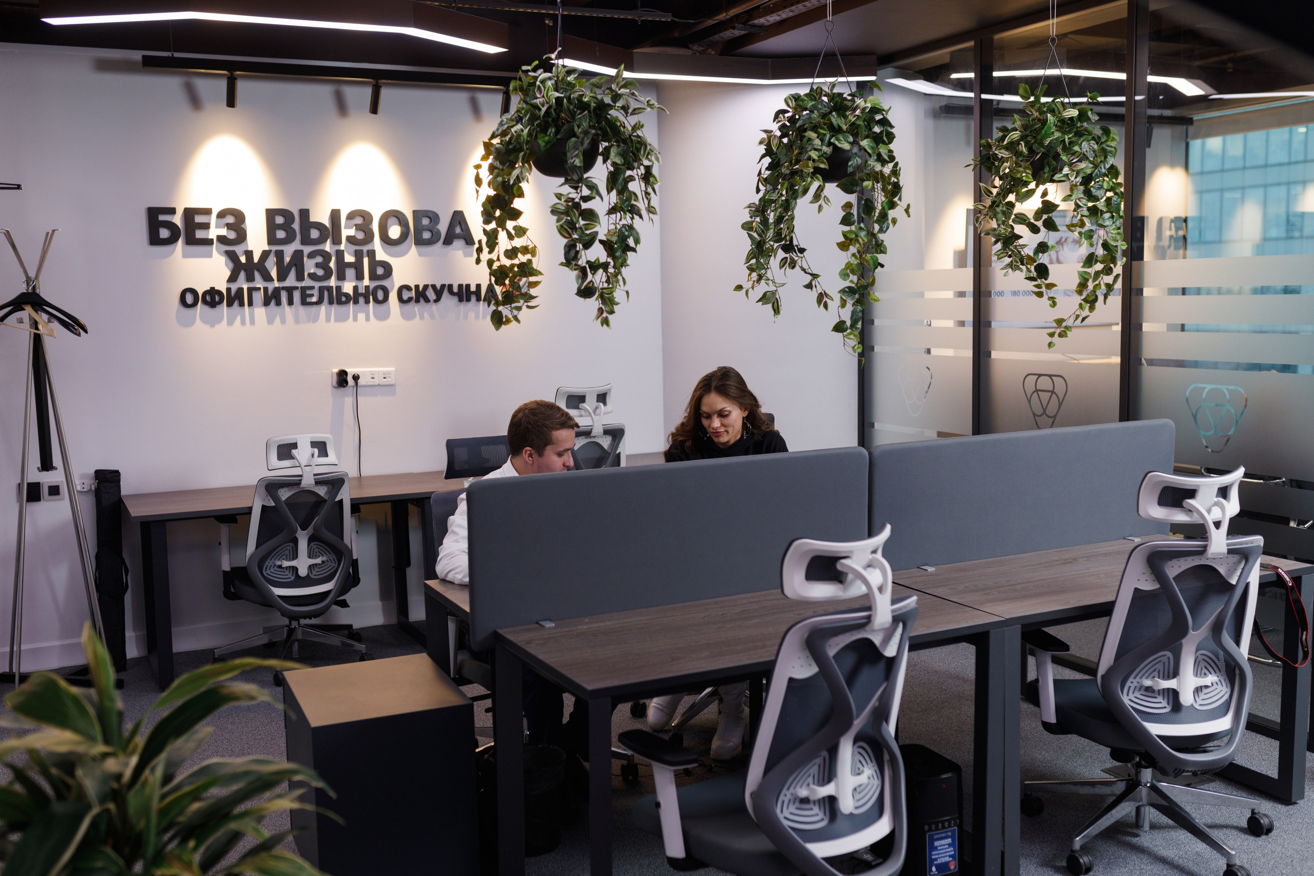 Общий план open-space офиса IT-компании: сотрудники за работой. Фото для корпоративного сайта.