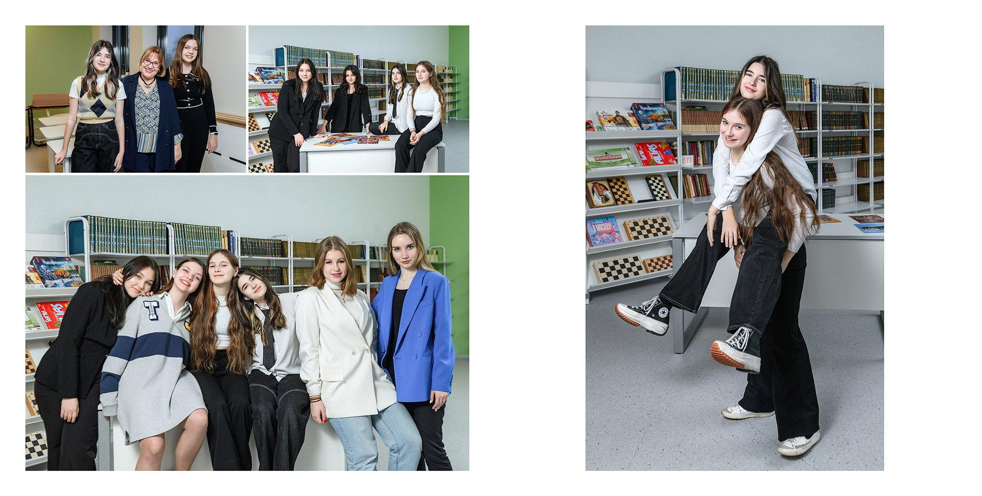 Страница фотокниги: коллаж из групповых фото у книжных полок.