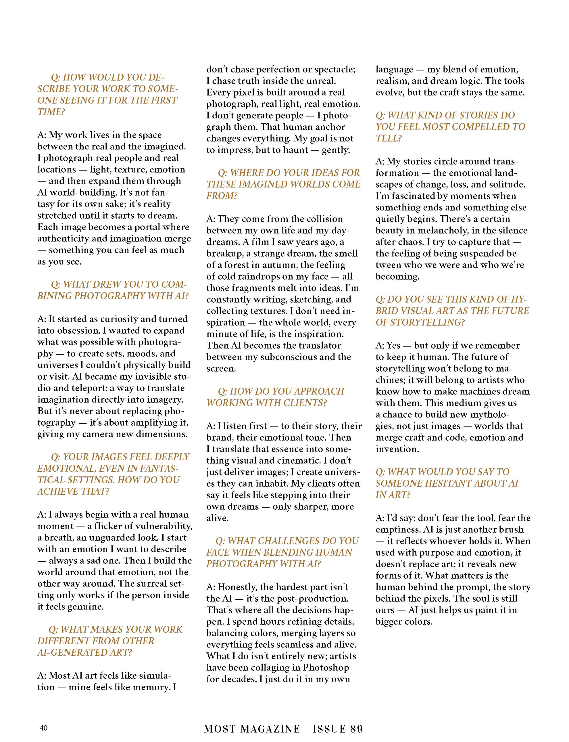 Interview for MOST magazine. Elizabeth Marriott