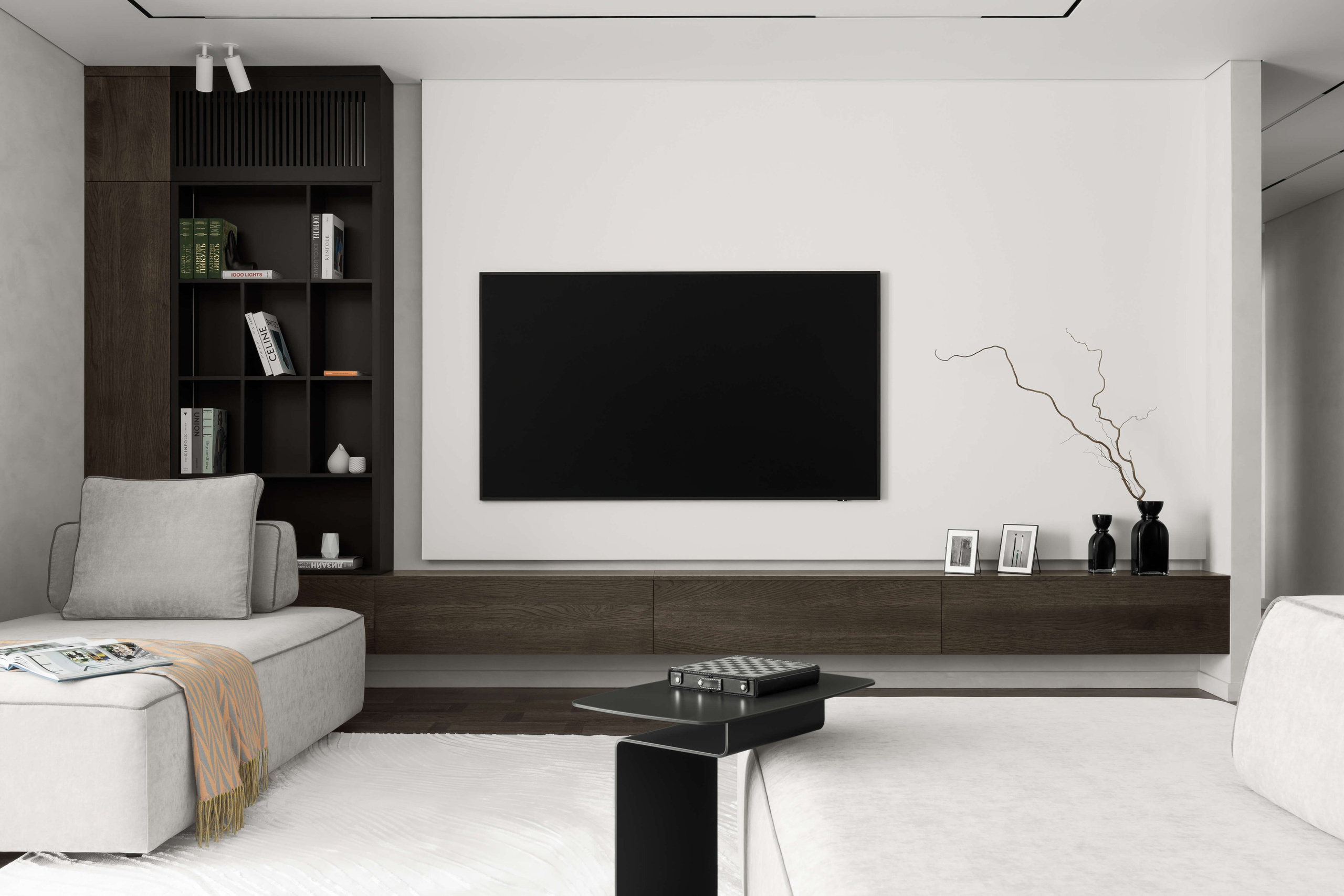 Гостиная с современным стеллажом, серым диваном Samoa и декором в стиле Astudio Design.