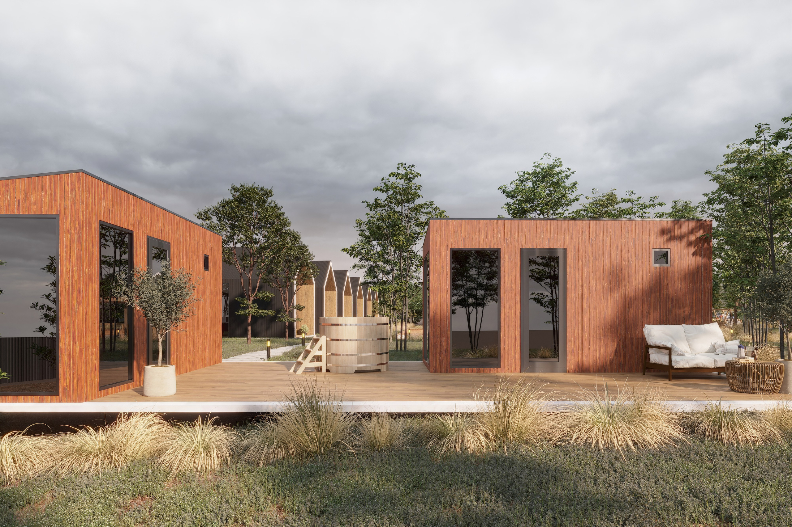 Визуализация глэмпинг-домиков с деревянной отделкой, террасой и уличной купелью