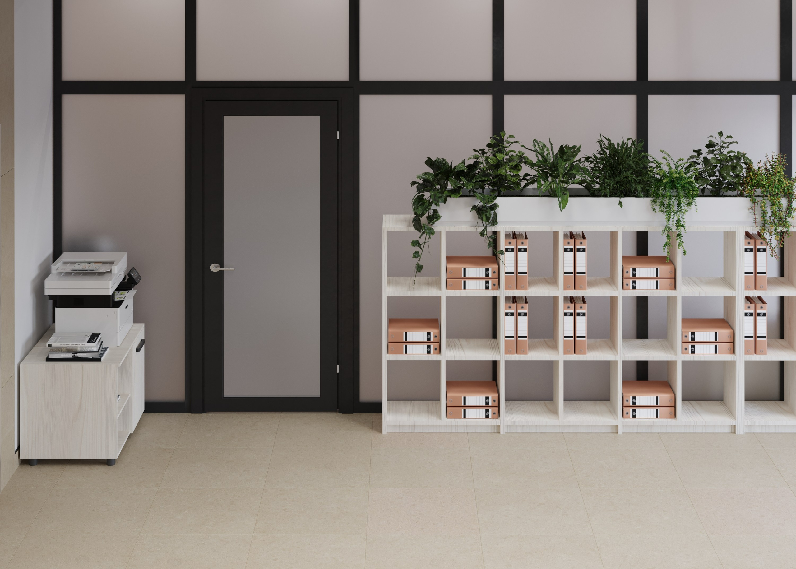 Зона бухгалтерии с матовым стеклянным дверным проемом и стеллажом с архивными папками 