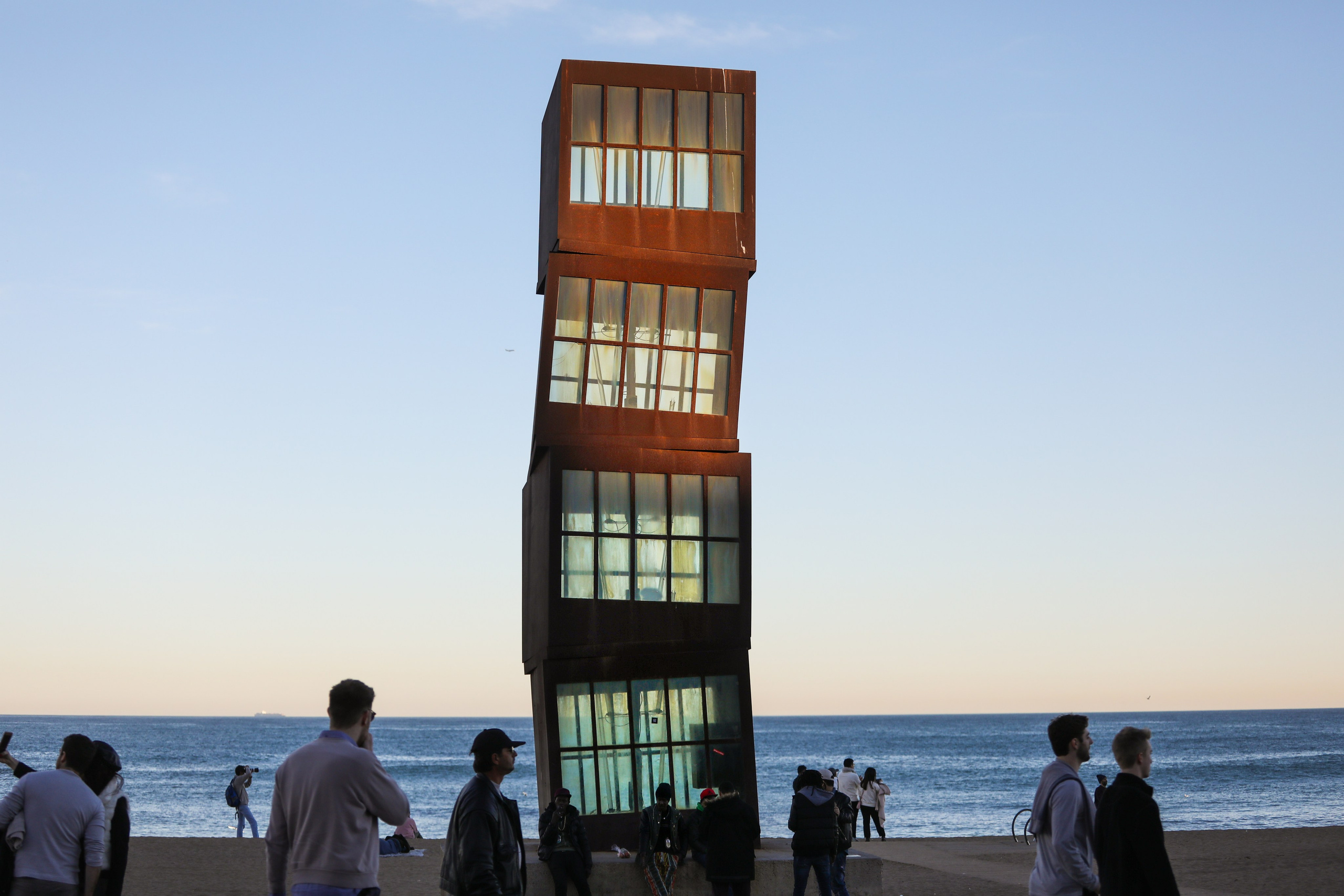 "L'Estel Ferit" (The Wounded Star), a sculpture by Rebecca Horn located on Barceloneta Beach in Barcelona, Spain