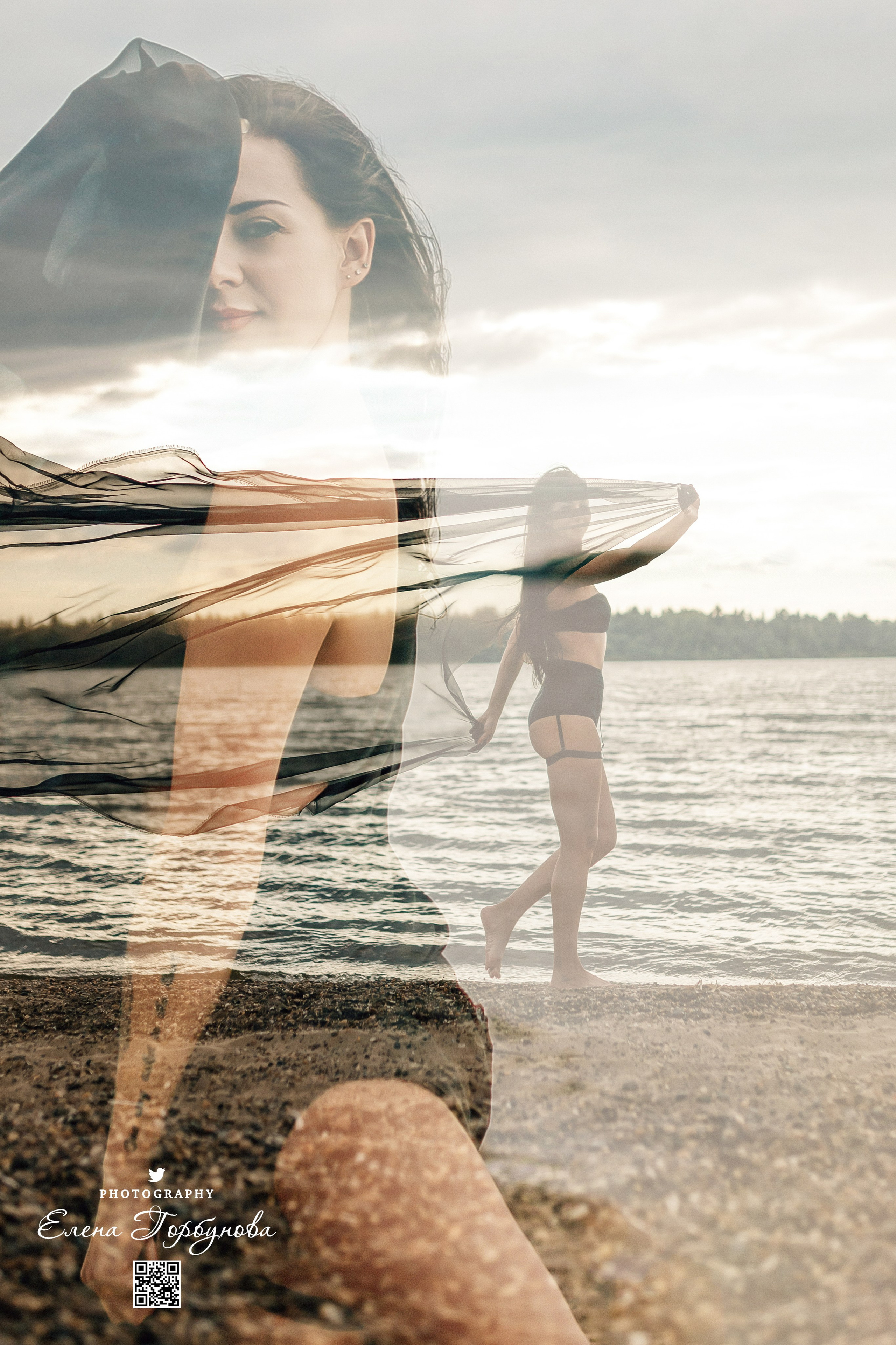 Фотосессия с черной тканью. Легкая черная вуаль летит на вертру. Фотосессия у реки черная серия с тканью. Девушка укуталась в черную ткань. Прогулка по набережной. Песок, речка, модель в черном. Качели над водой, Закат. Девушка лежит на песке. В зеленых деревьях