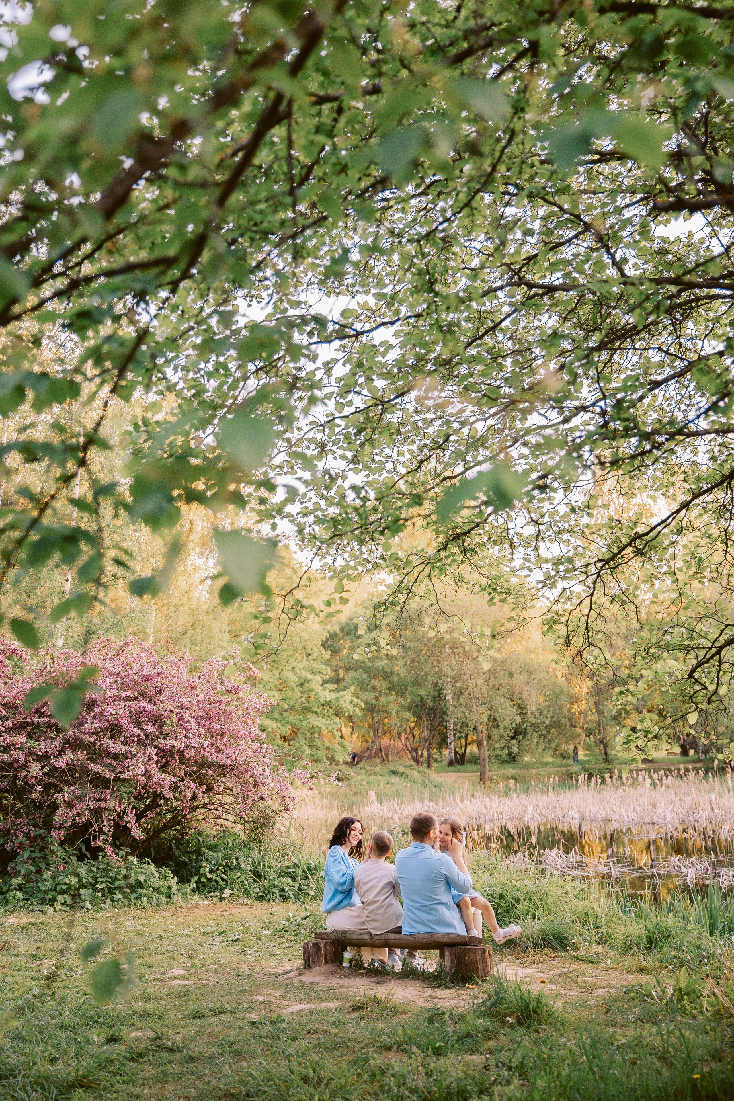 цветущий парк семья сидит на скамейке 