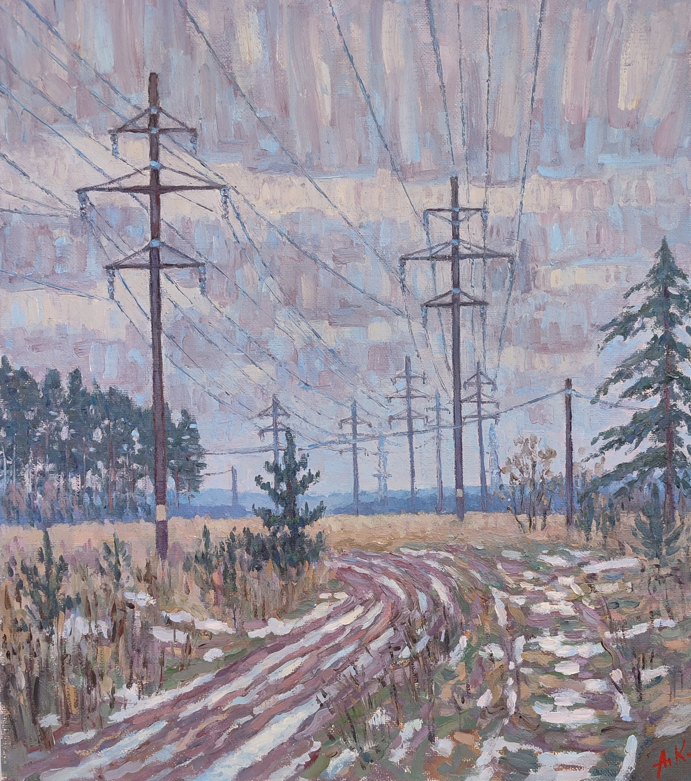 Пасмурный ноябрьский природный пейзаж, современная живопись маслом