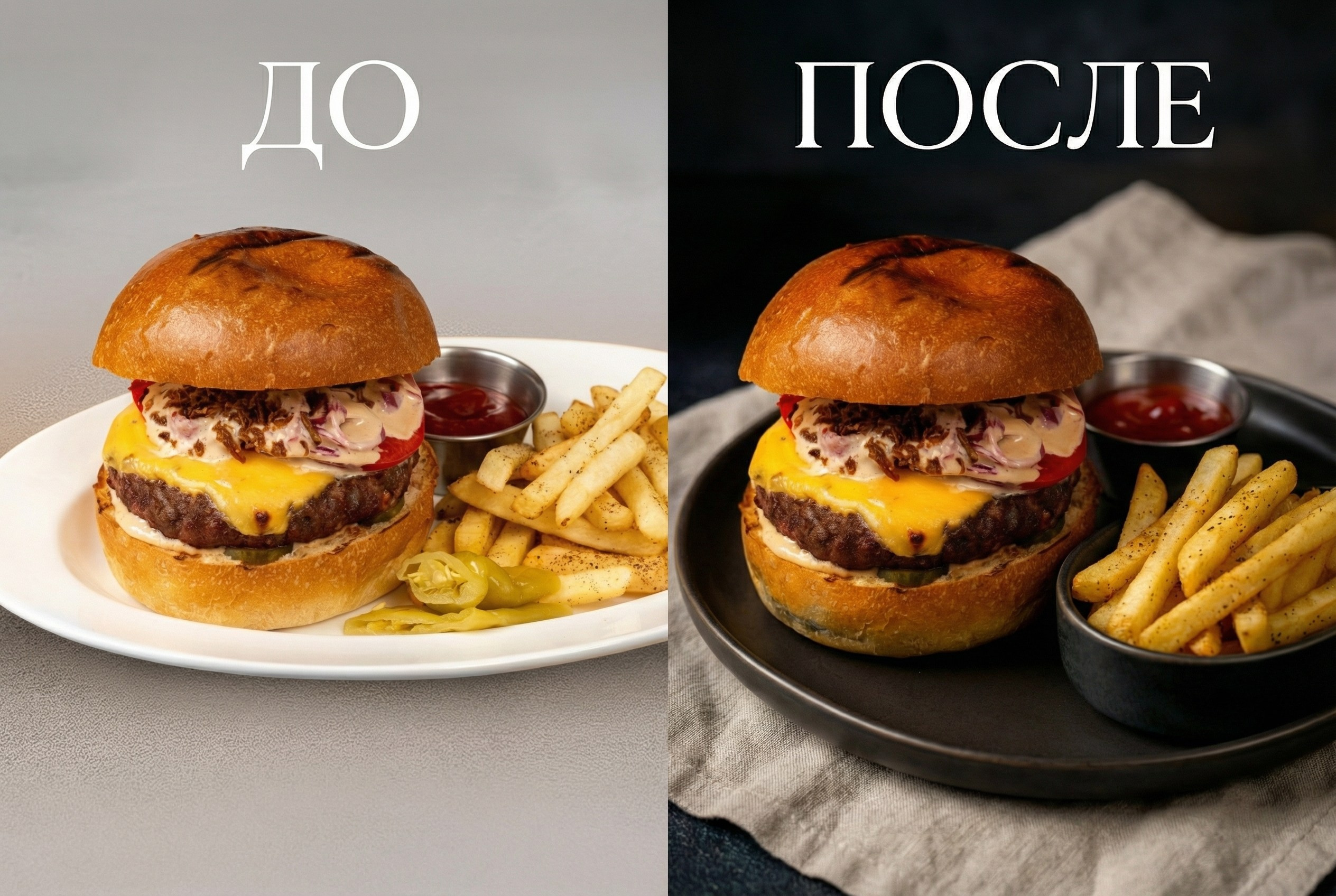 Пример AI-обработки: сравнение бургера до и после улучшения сочности и свежести.