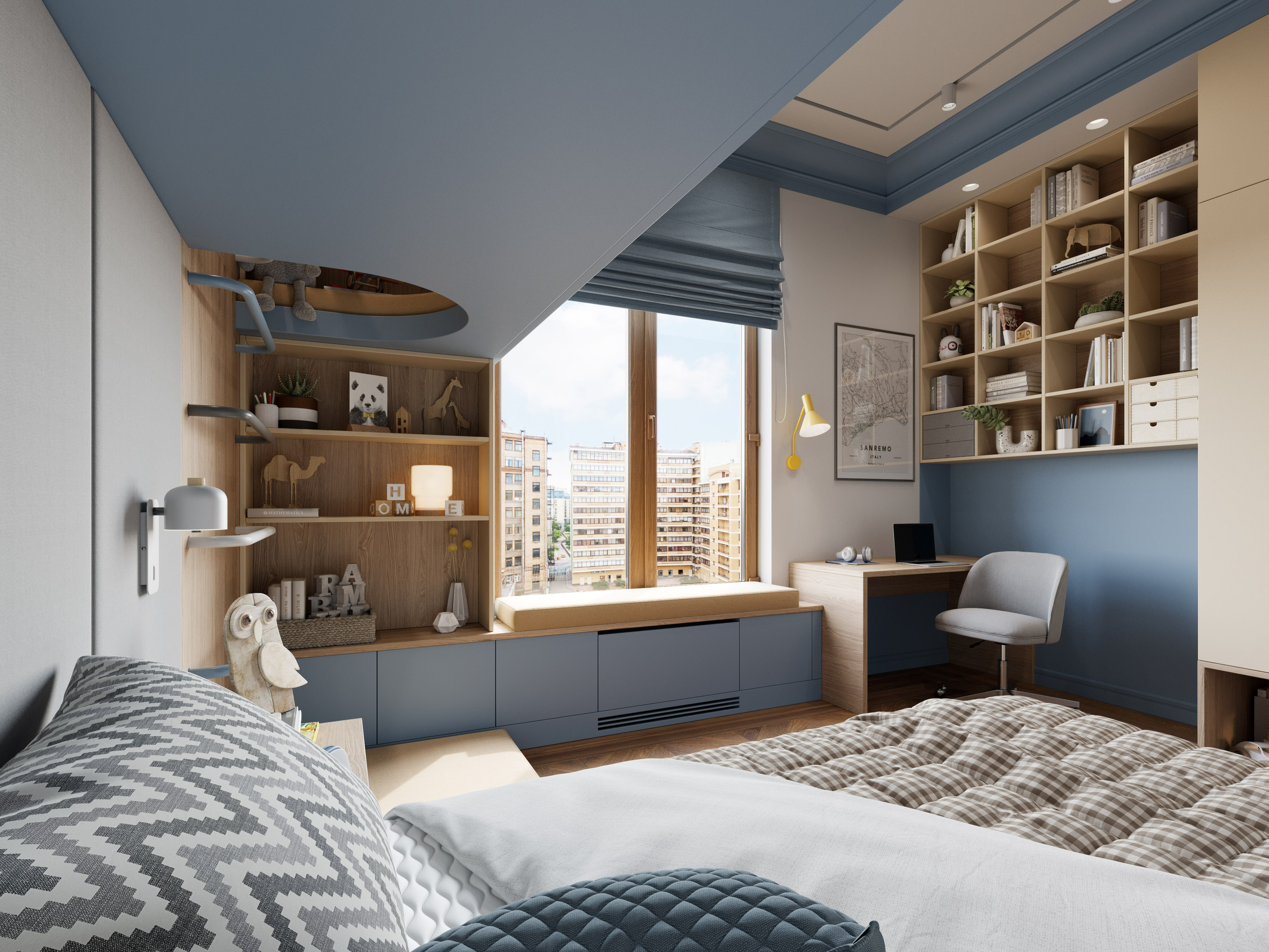 Спальня для мальчика с тематическим оформлением и полками для игрушек