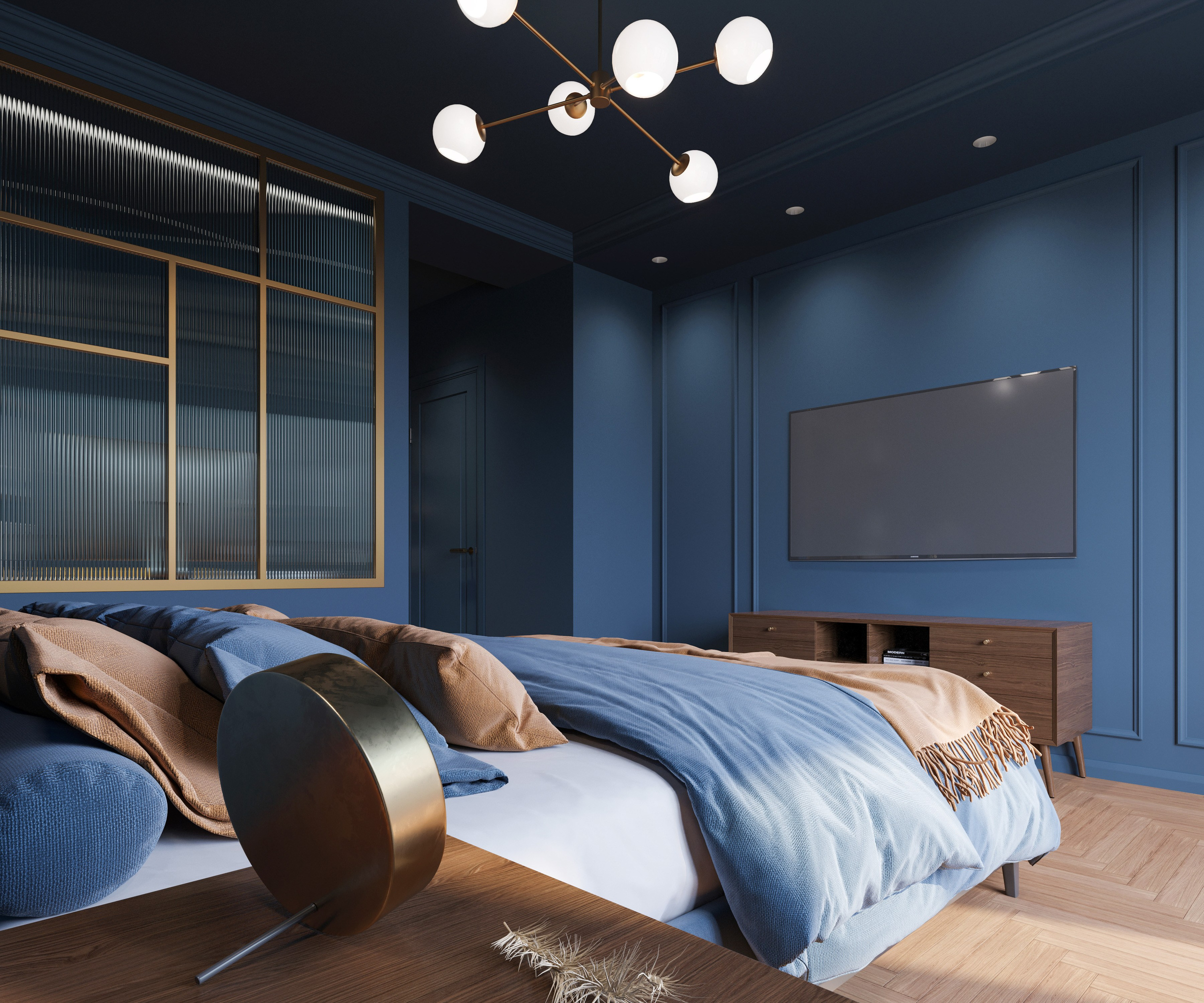 Спальня-кабинет с панорамным окном в синих тонах | 3D визуализация. Визуализатор интерьера в Москве | Брагин Кирилл
