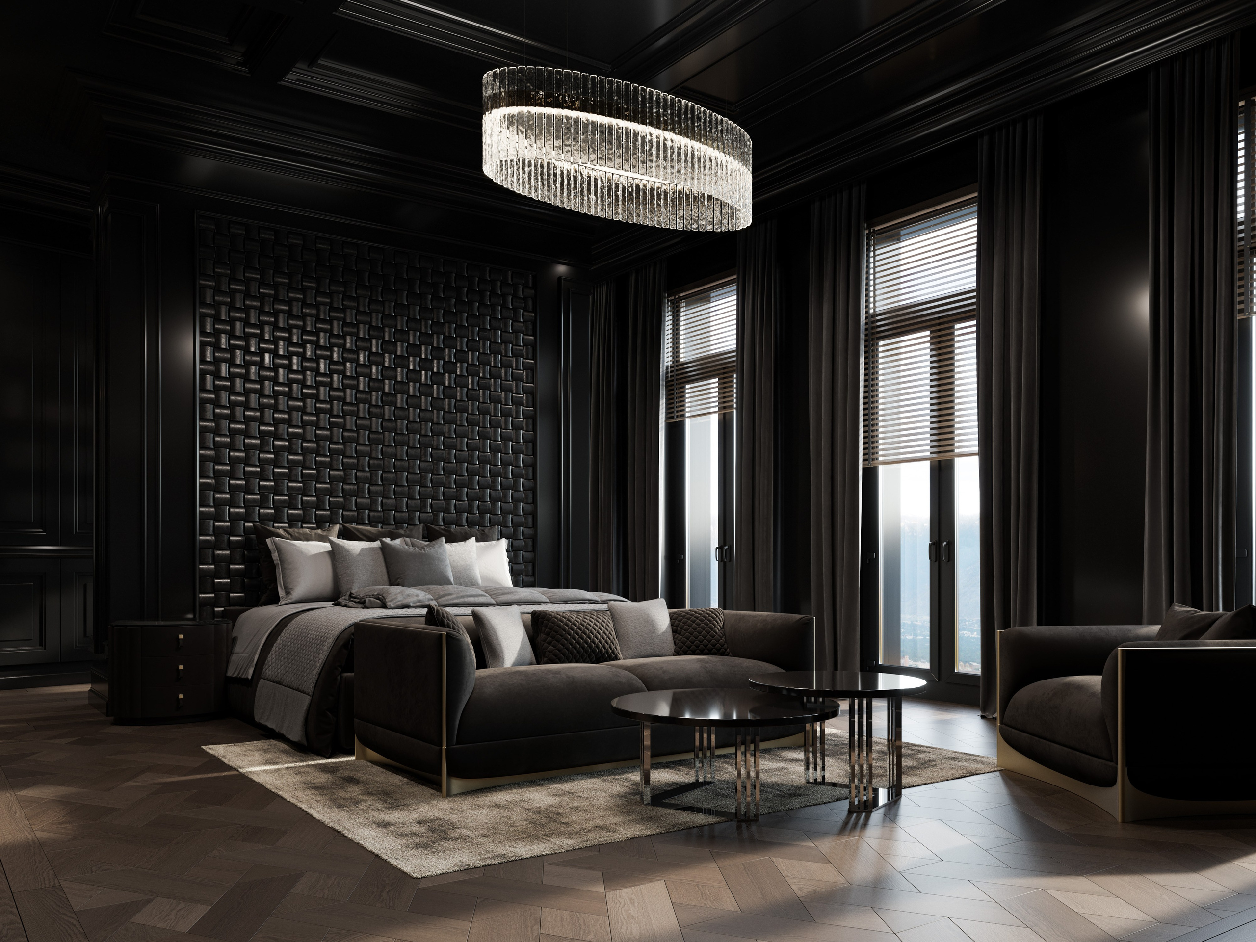 Черная спальня в классическом стиле с темным паркетом и кожаным изголовьем кровати