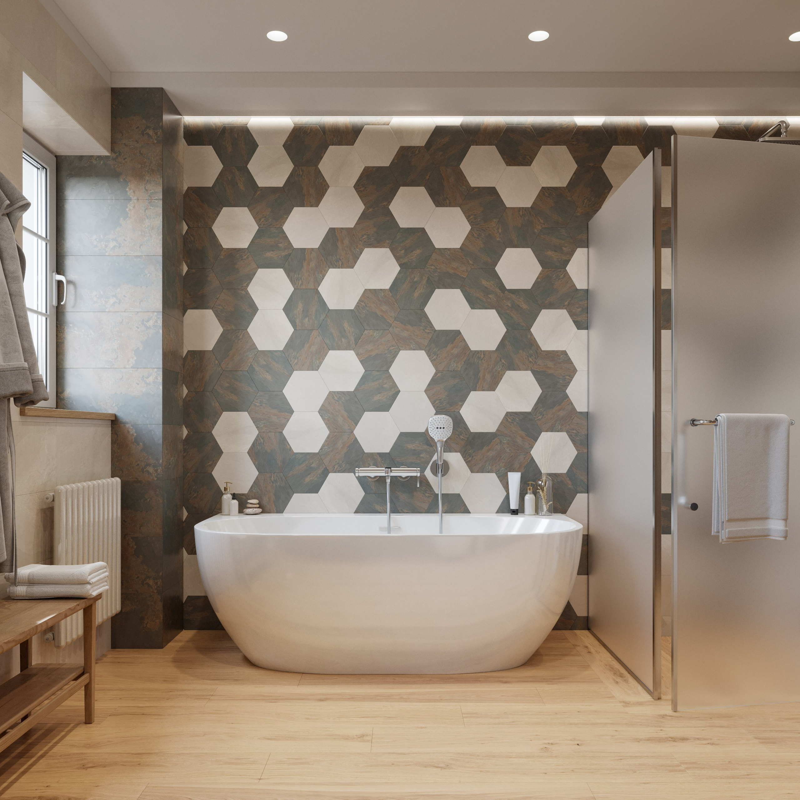 Современный санузел с душевой зоной без поддона и отдельно стоящей ванной