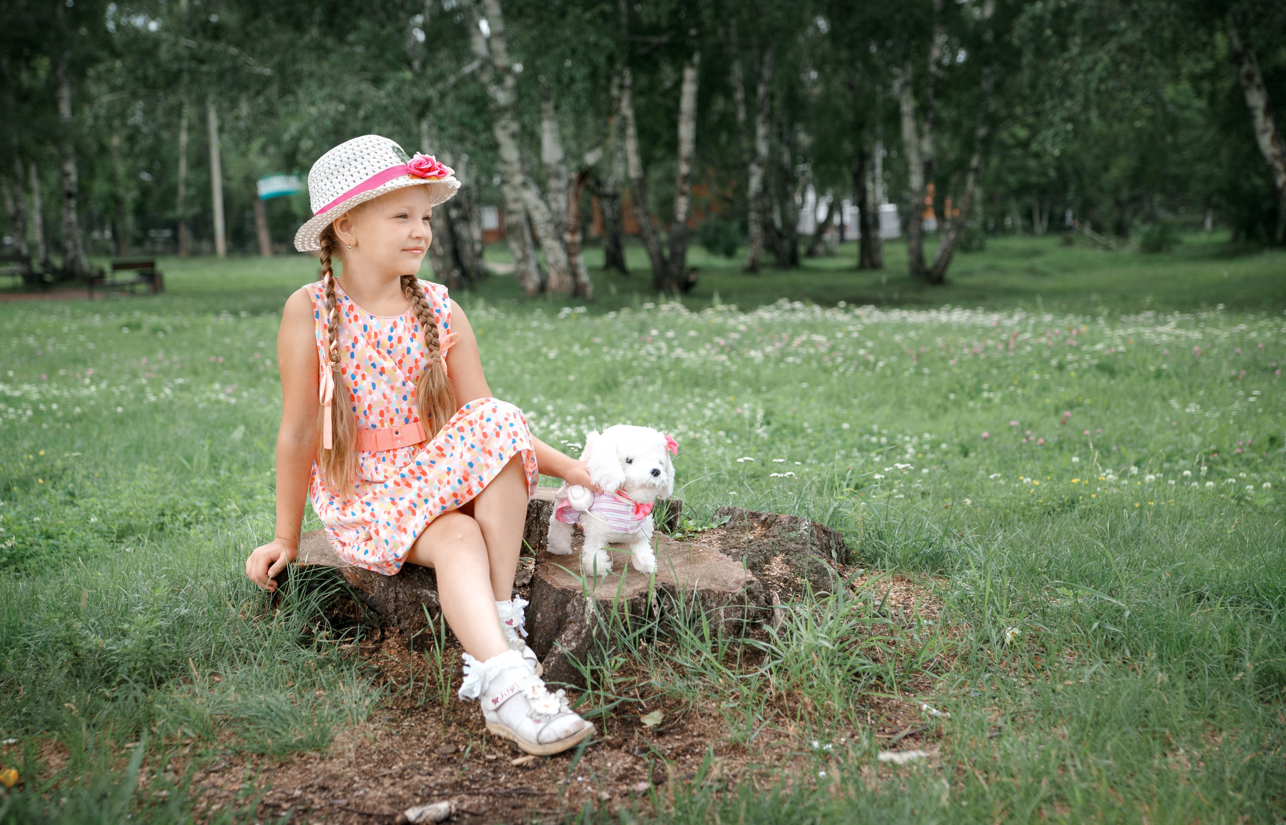 Детская фотосессия летом - девочка сидя на пеньке со щенком