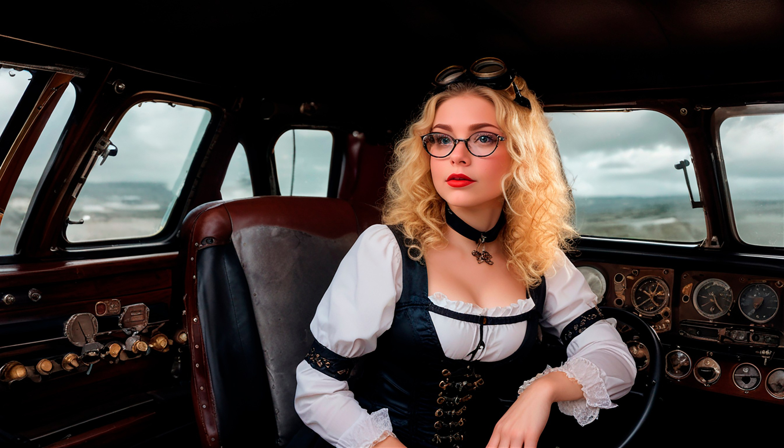 Alice is in Steampunk Country..In the cockpit of a fantastic steam aircraft..