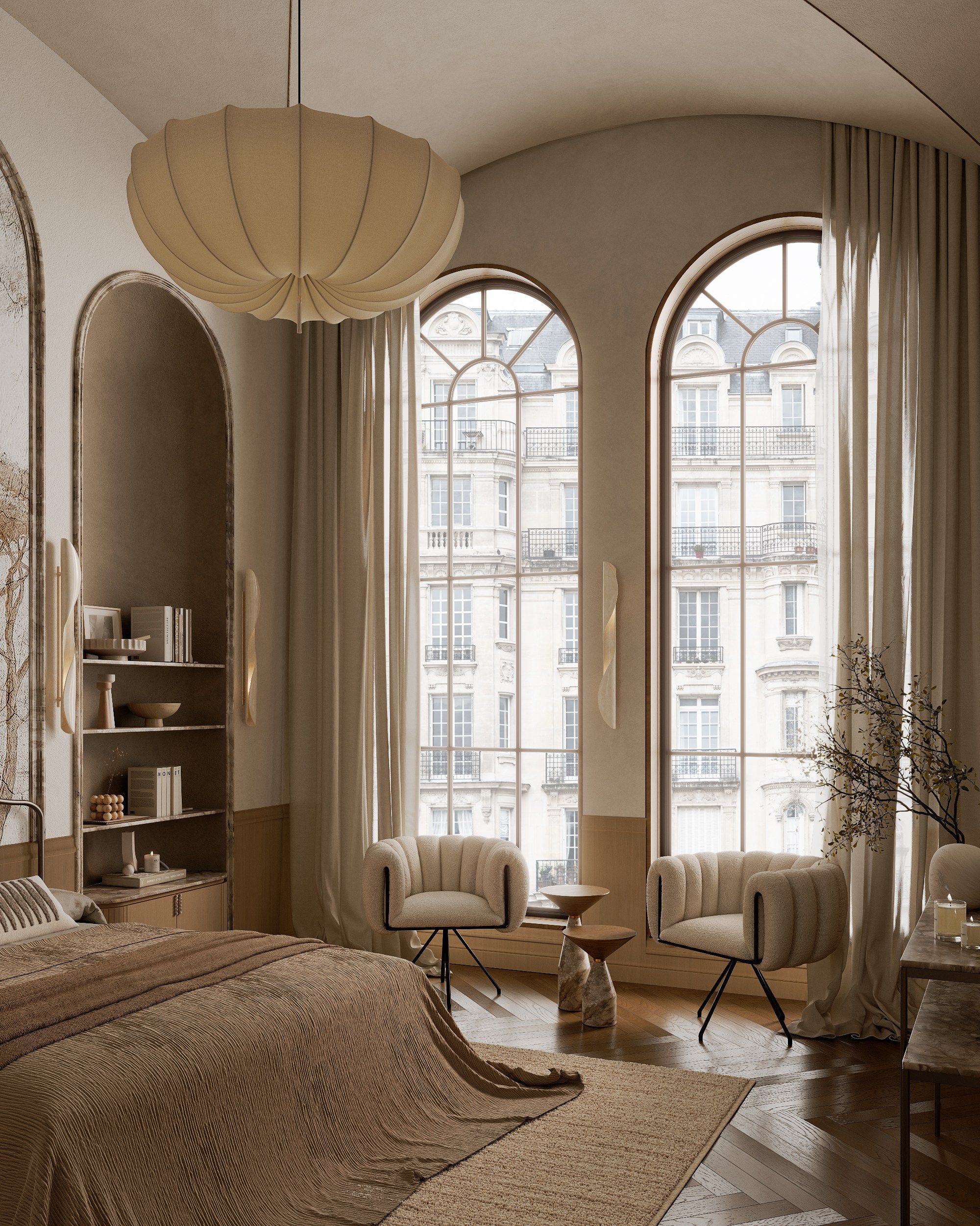 Bedroom interior in the spirit of neoclassicism and minimalism. Solovets visualization