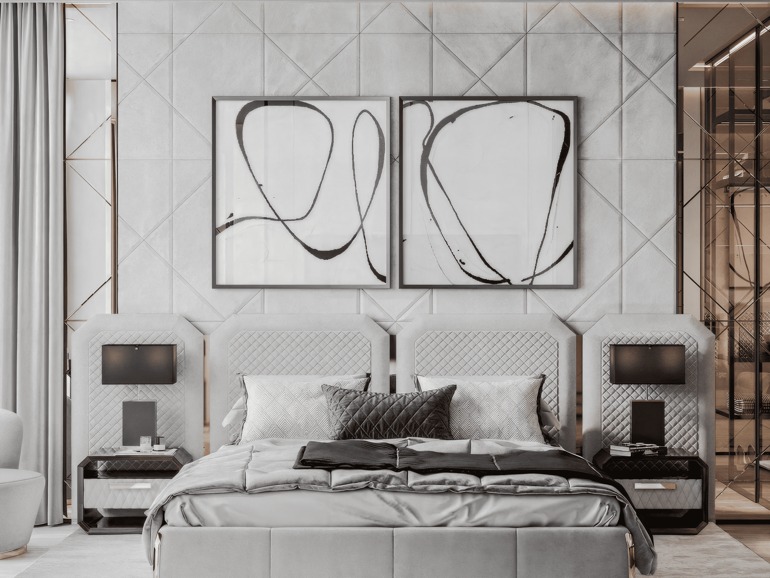 Мастер-спальня в премиальном стиле от Валерии Котович: кровать со стеганым изголовьем, стена с геометрическим рельефом, абстрактные картины и зеркальное панно.