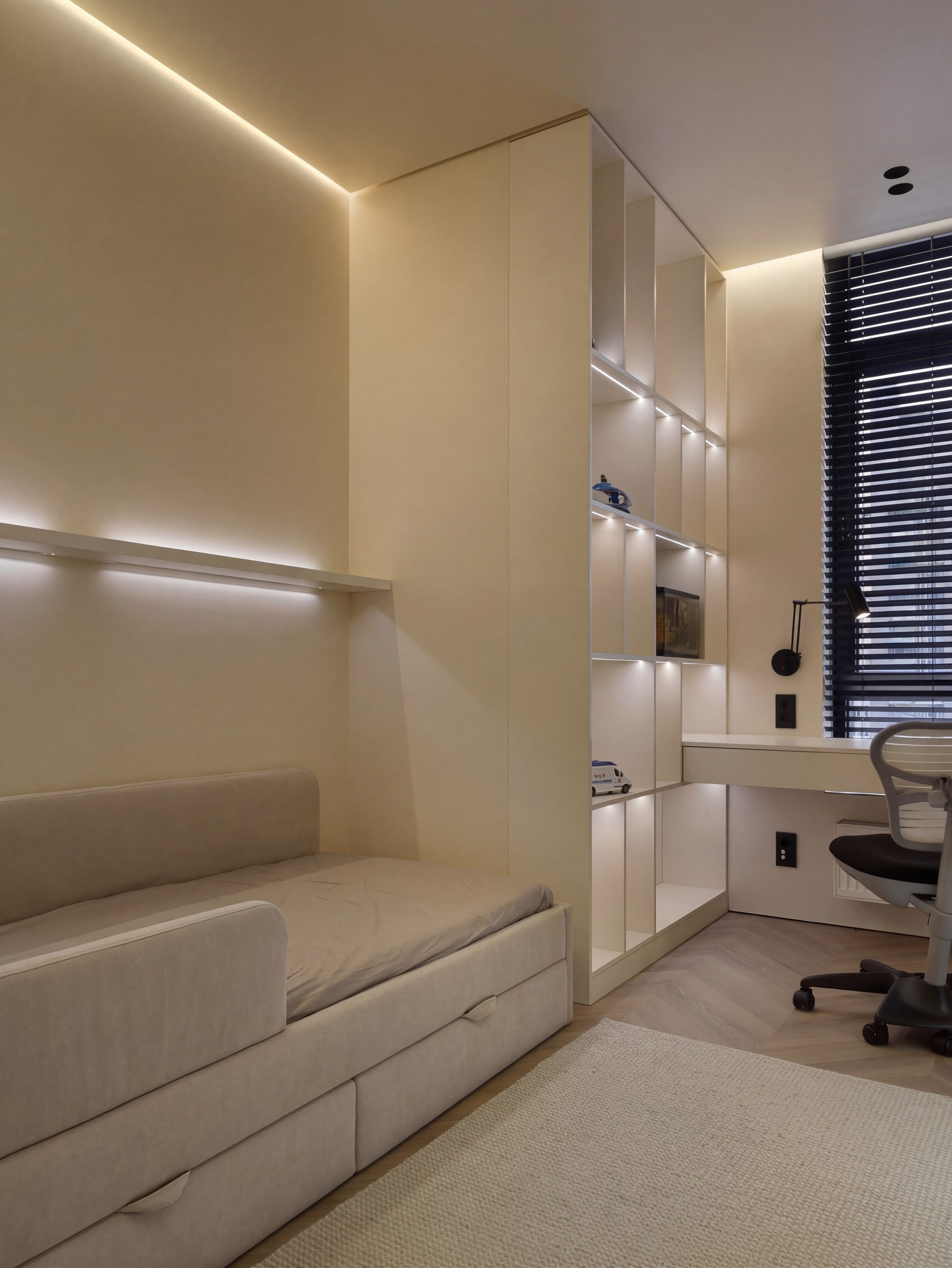 Светлая детская спальня от Валерии Котович: кровать с выдвижными ящиками, встроенный стеллаж с подсветкой полок и рабочая зона у окна с черными жалюзи.