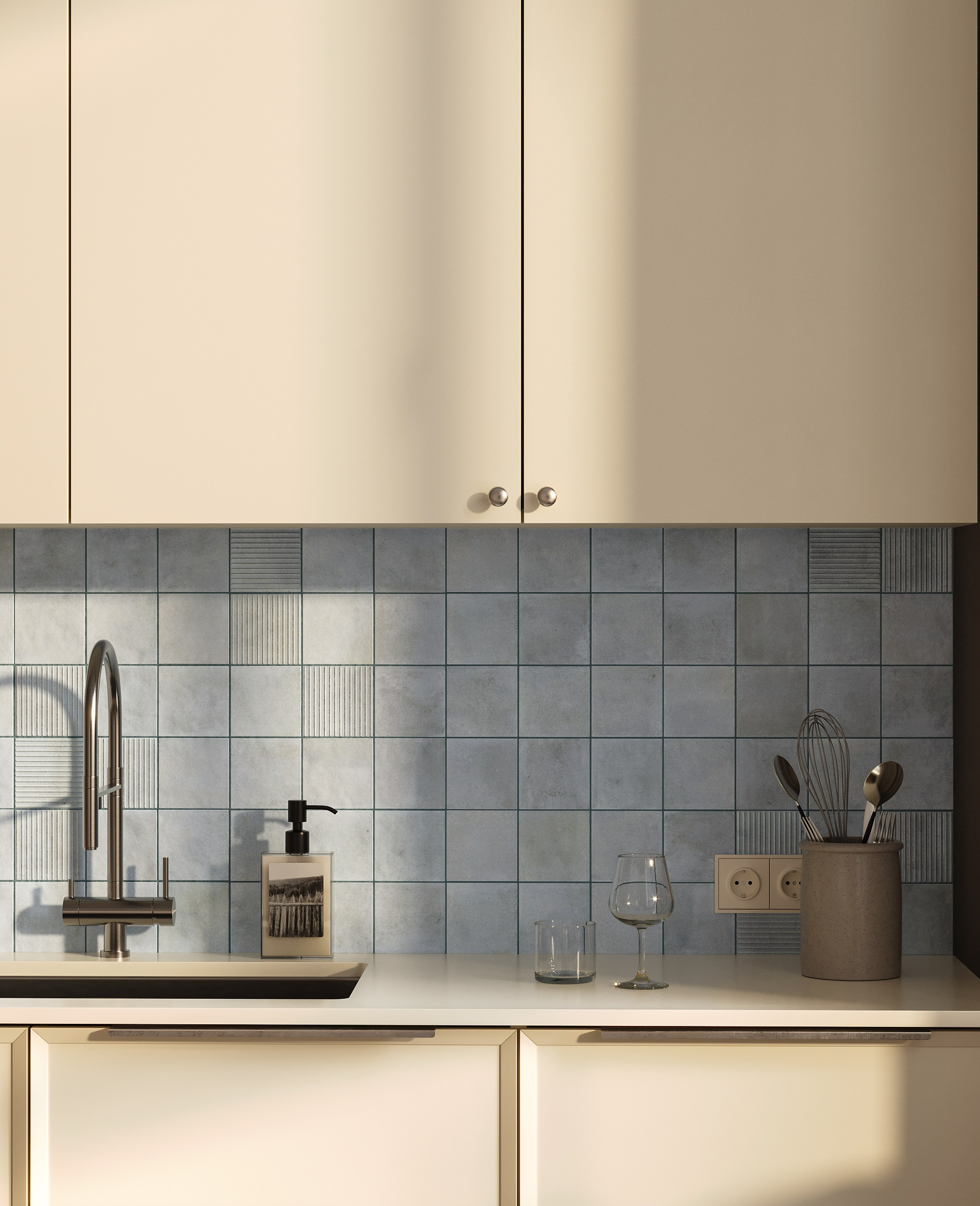 Кухня в оттенке сливочного масла в осенний день. Дизайн и визуализация выполнены мной. 3D Визуализация