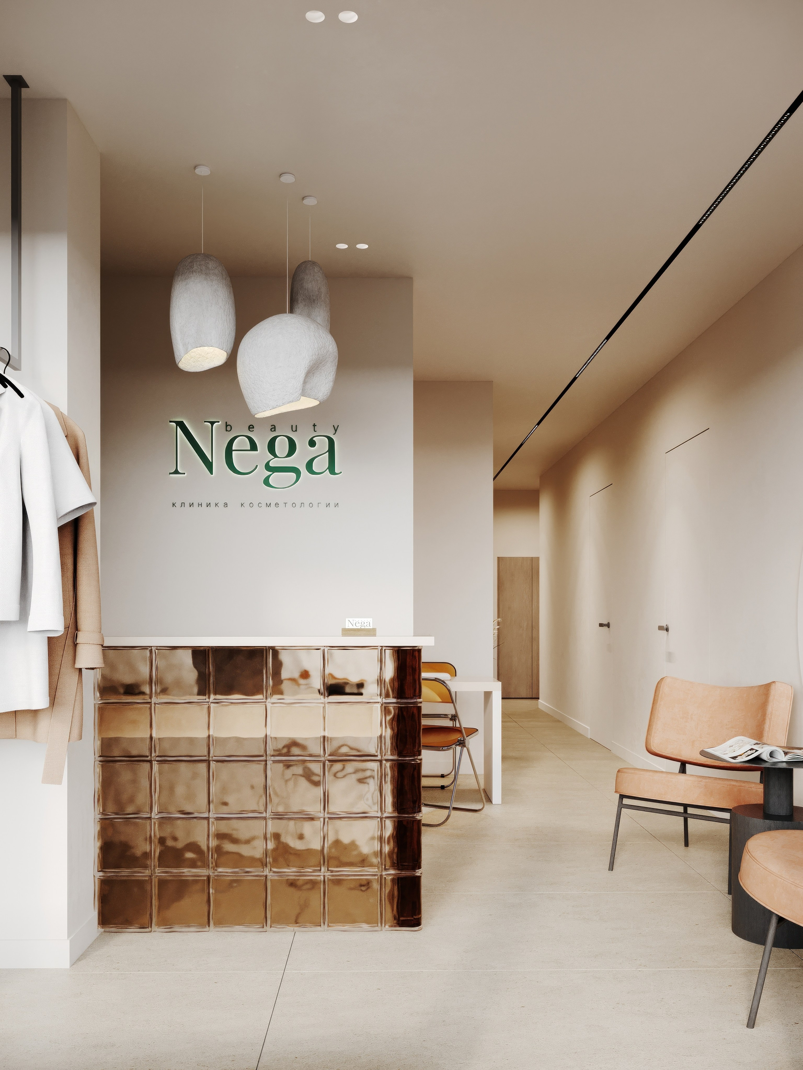 визуализация стойки ресепшена в салоне красоты    в нежных тонах  в сером минималистичном современном  стиле