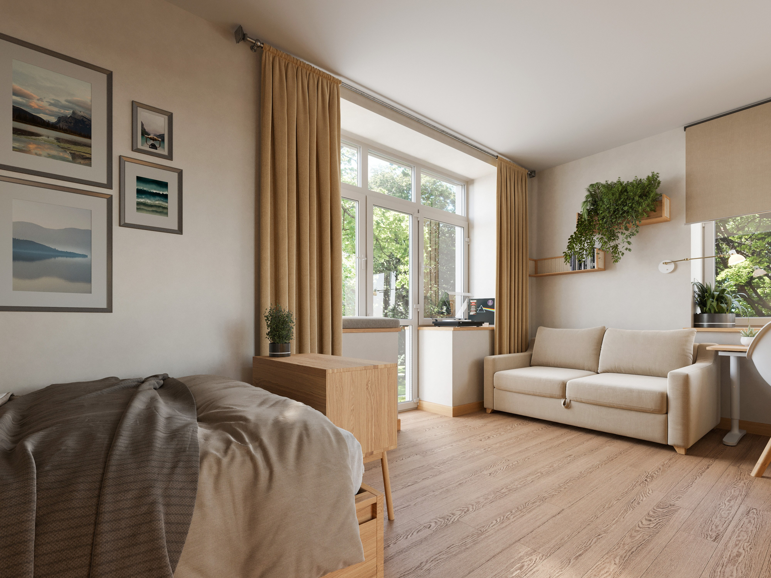 Светлая спальня с большим окном и теплыми деревянными элементами в современном стиле.