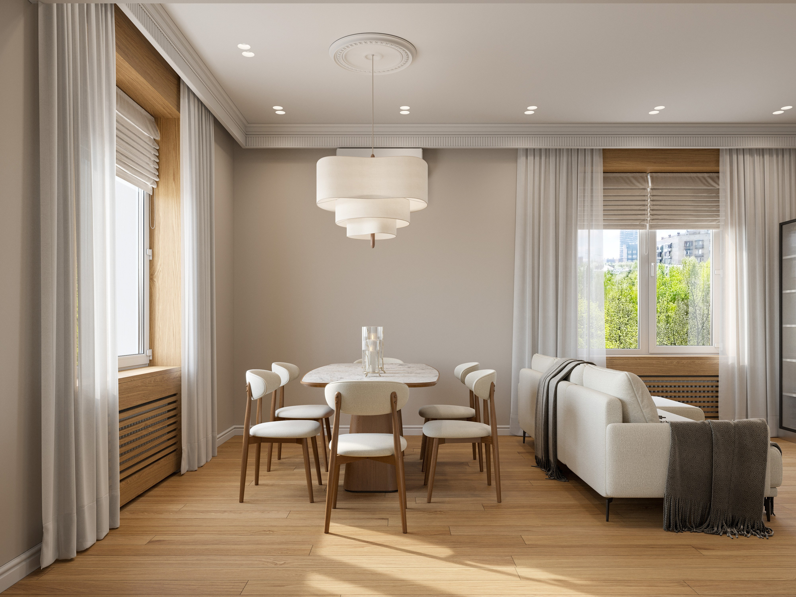 Столовая зона у окна с деревянным столом и стульями в спокойном интерьере