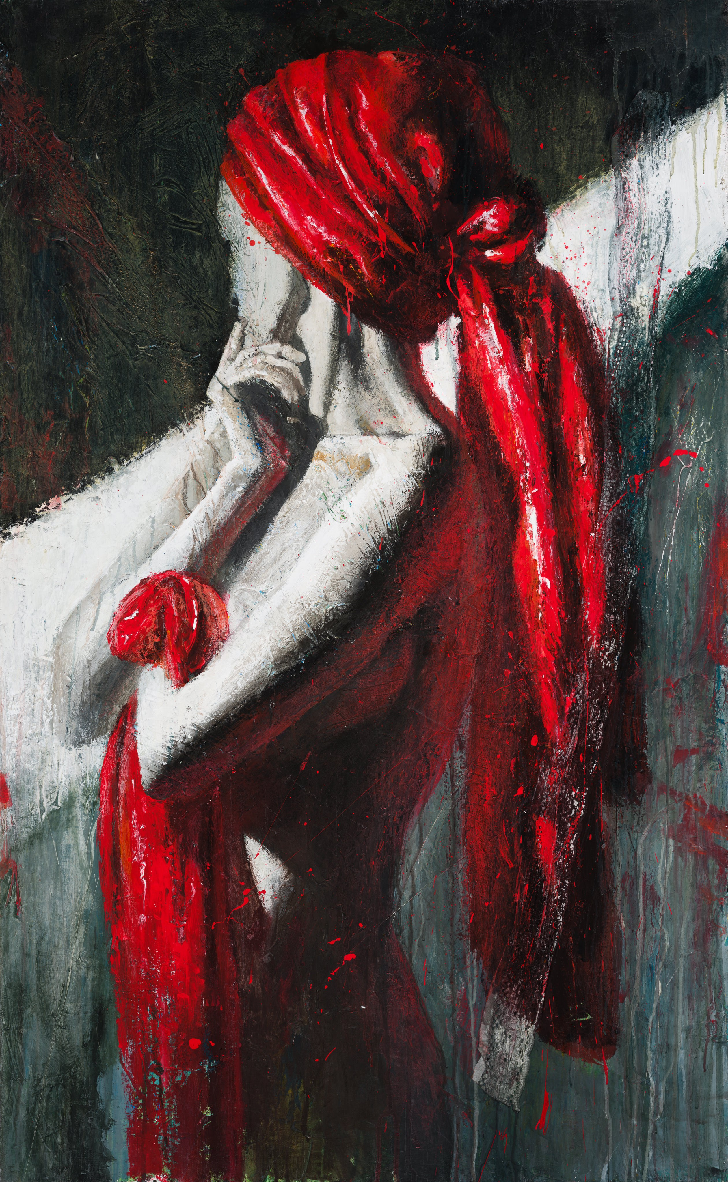 «Красной нитью» - художник Сергей Яшин (холст, смешанная техника, 130x80 см, 2022)