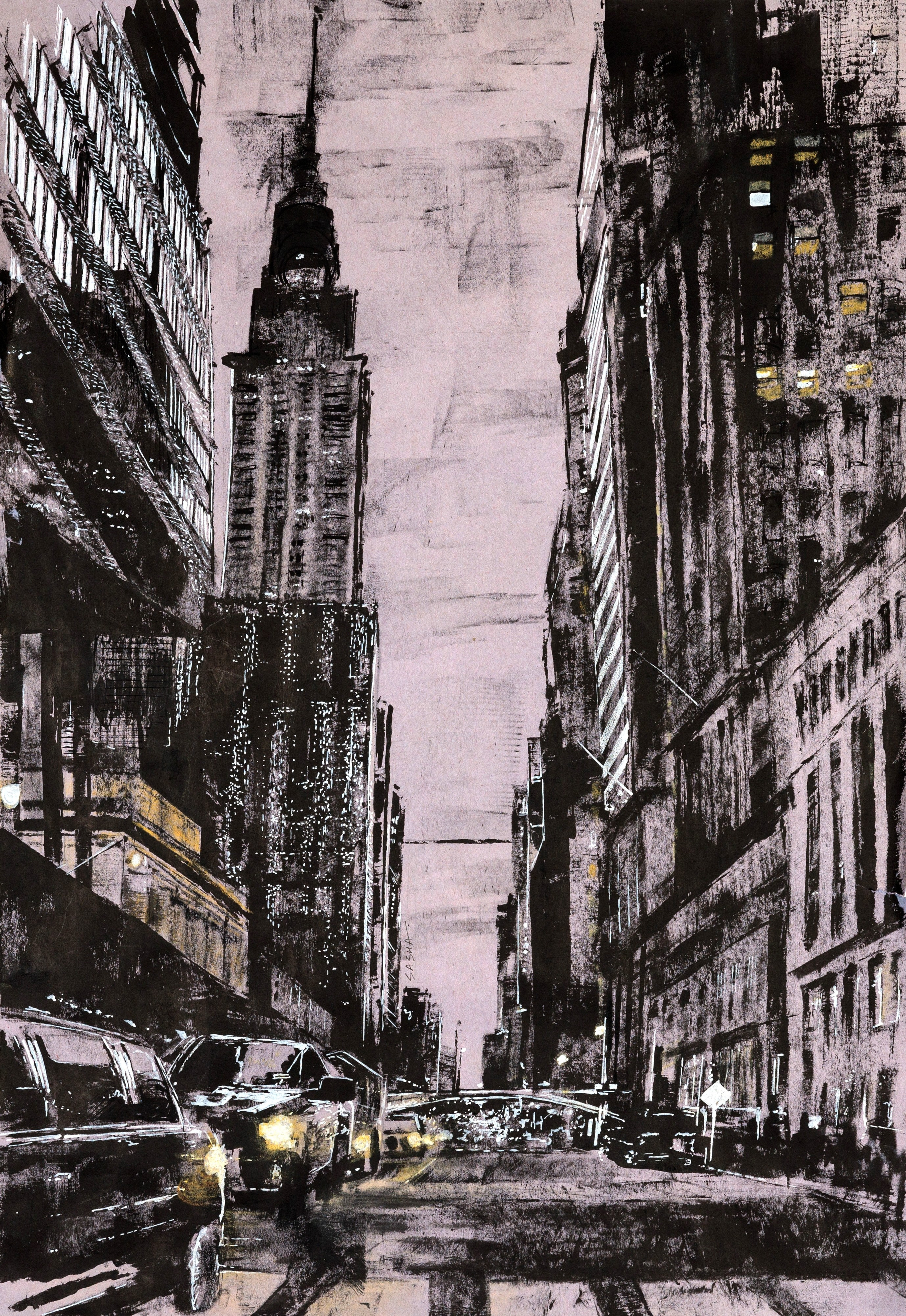 городской пейзаж, улица с небоскребами и машинами. Атмосфера - сумрачная