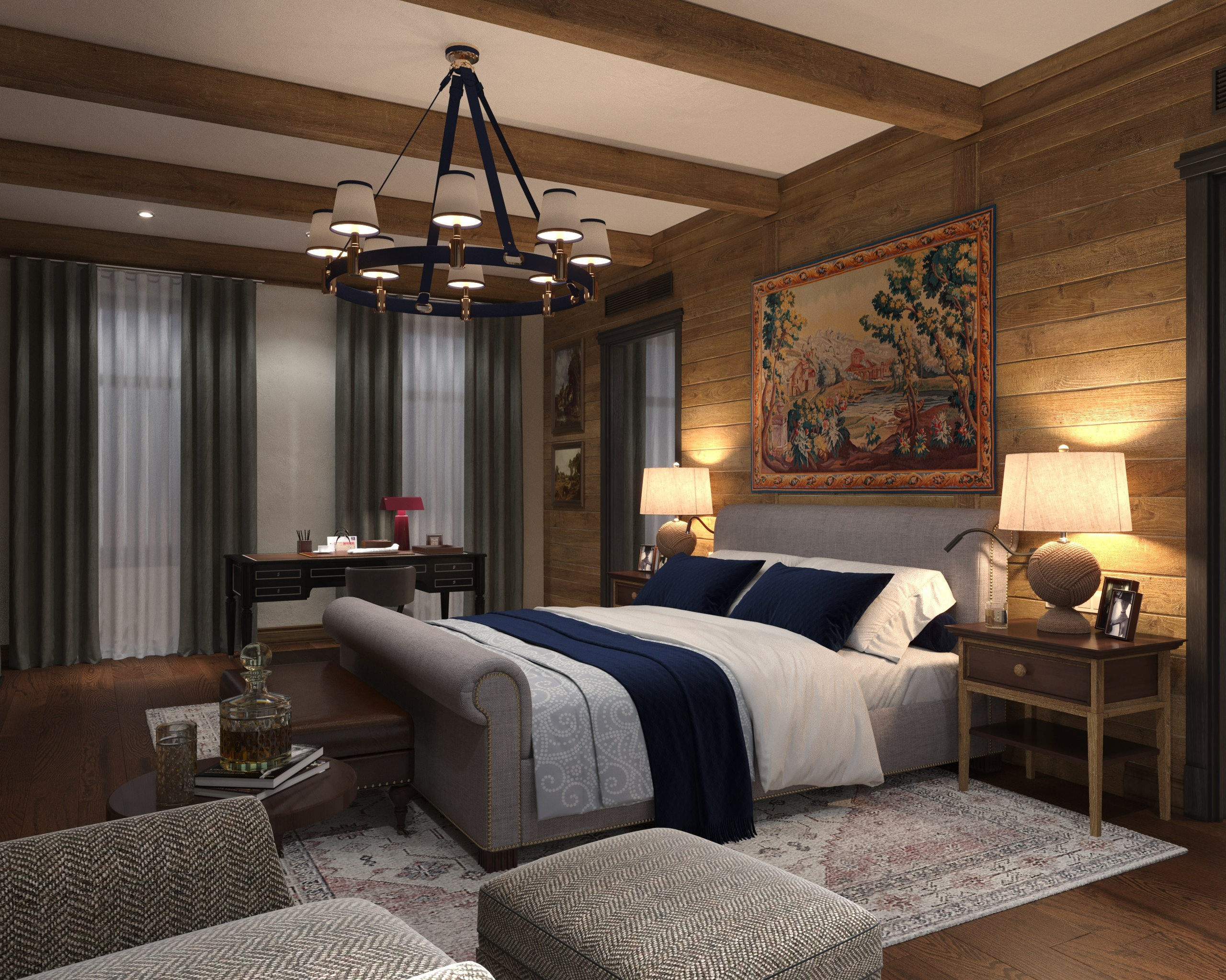 Спальня в стиле рустика. Дом из бруса, напоминает альпийское шале