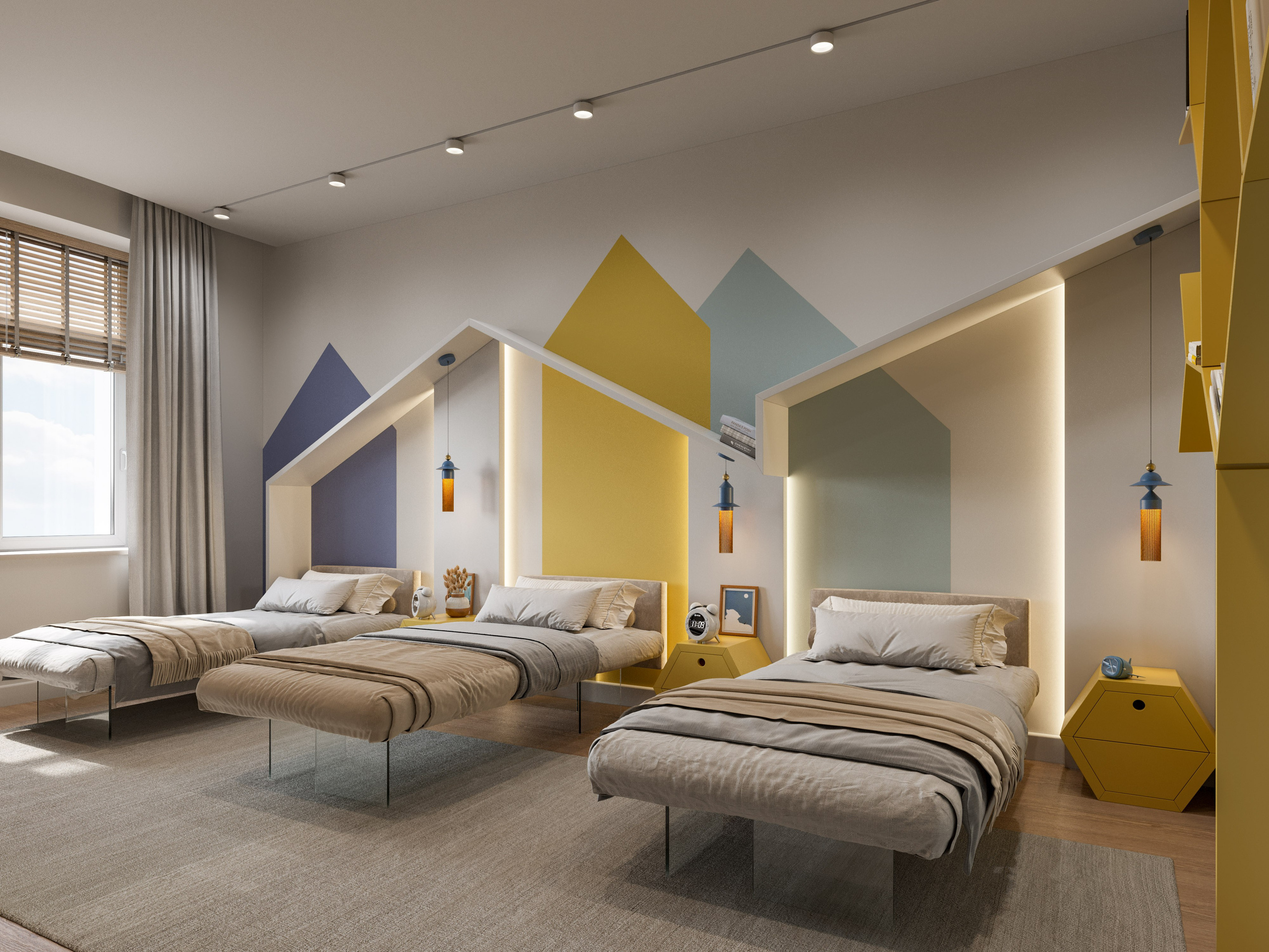 Яркая и минималистичная детская комната с парящими кроватями на стеклянных опорах