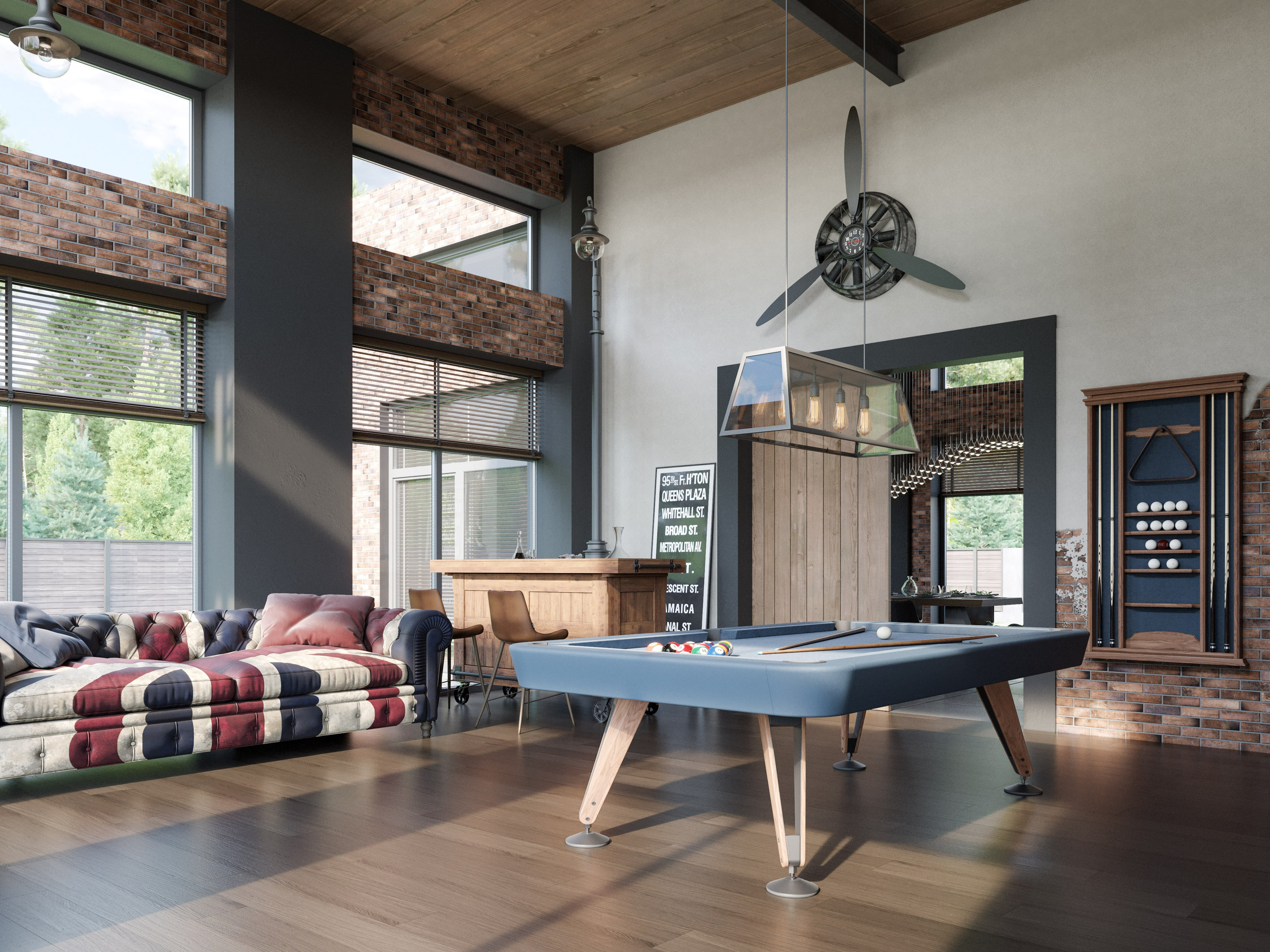 Оригинальный дизайн бильярдной с баром и уличным фонарём 