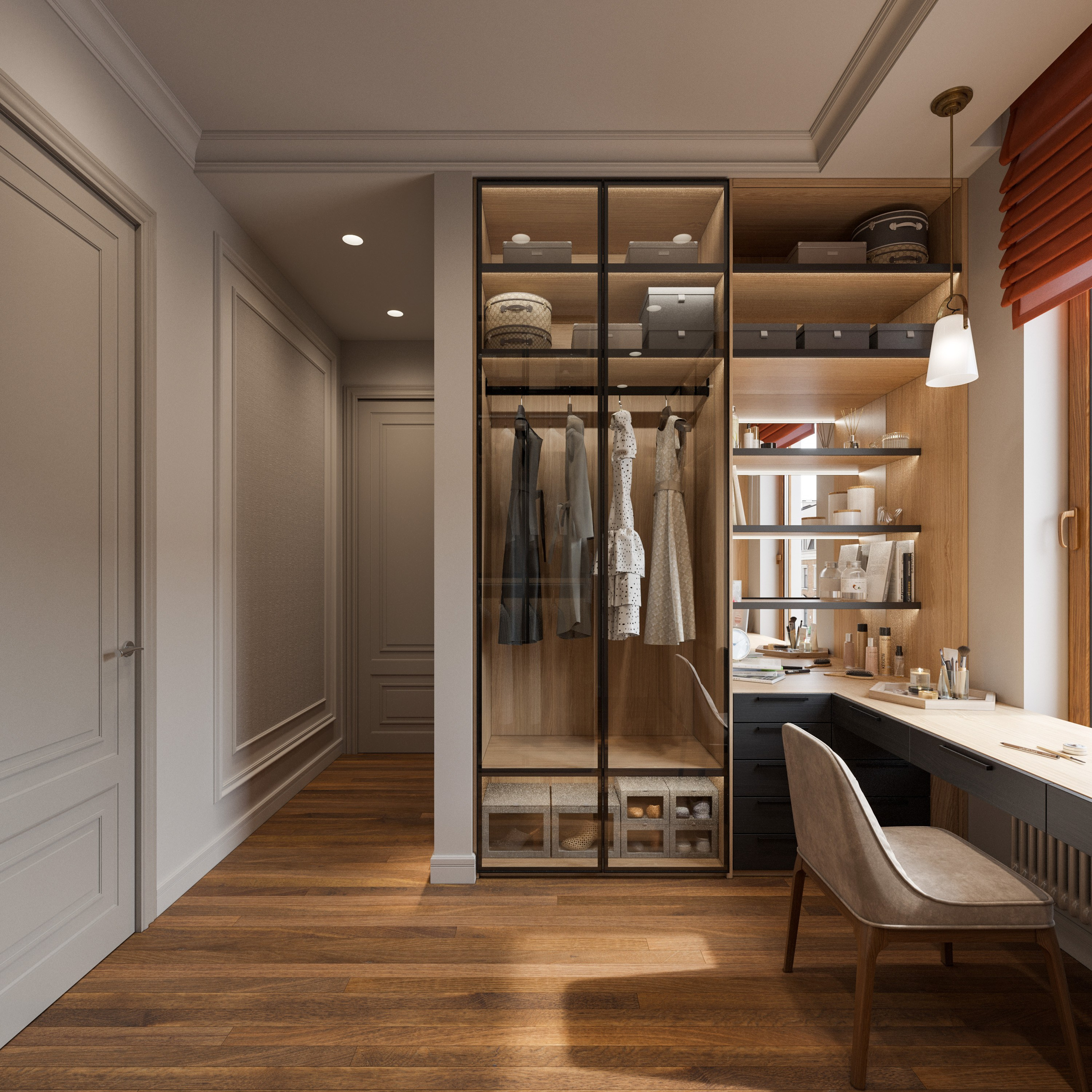 Организация хранения в гардеробной с современными шкафами и выдвижными ящиками