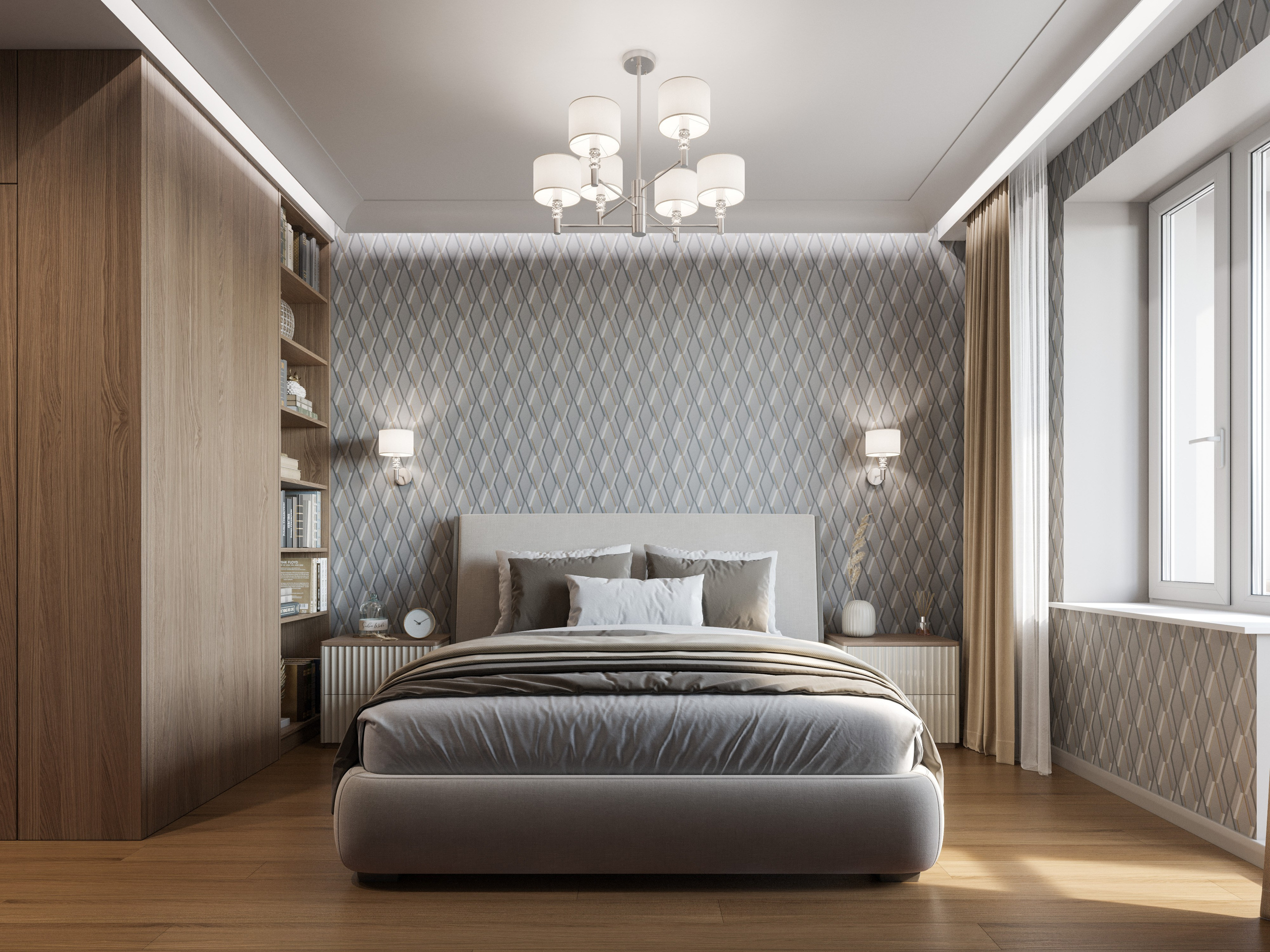 Уютная современная спальня с мягким освещением — фотореалистичная 3D визуализация