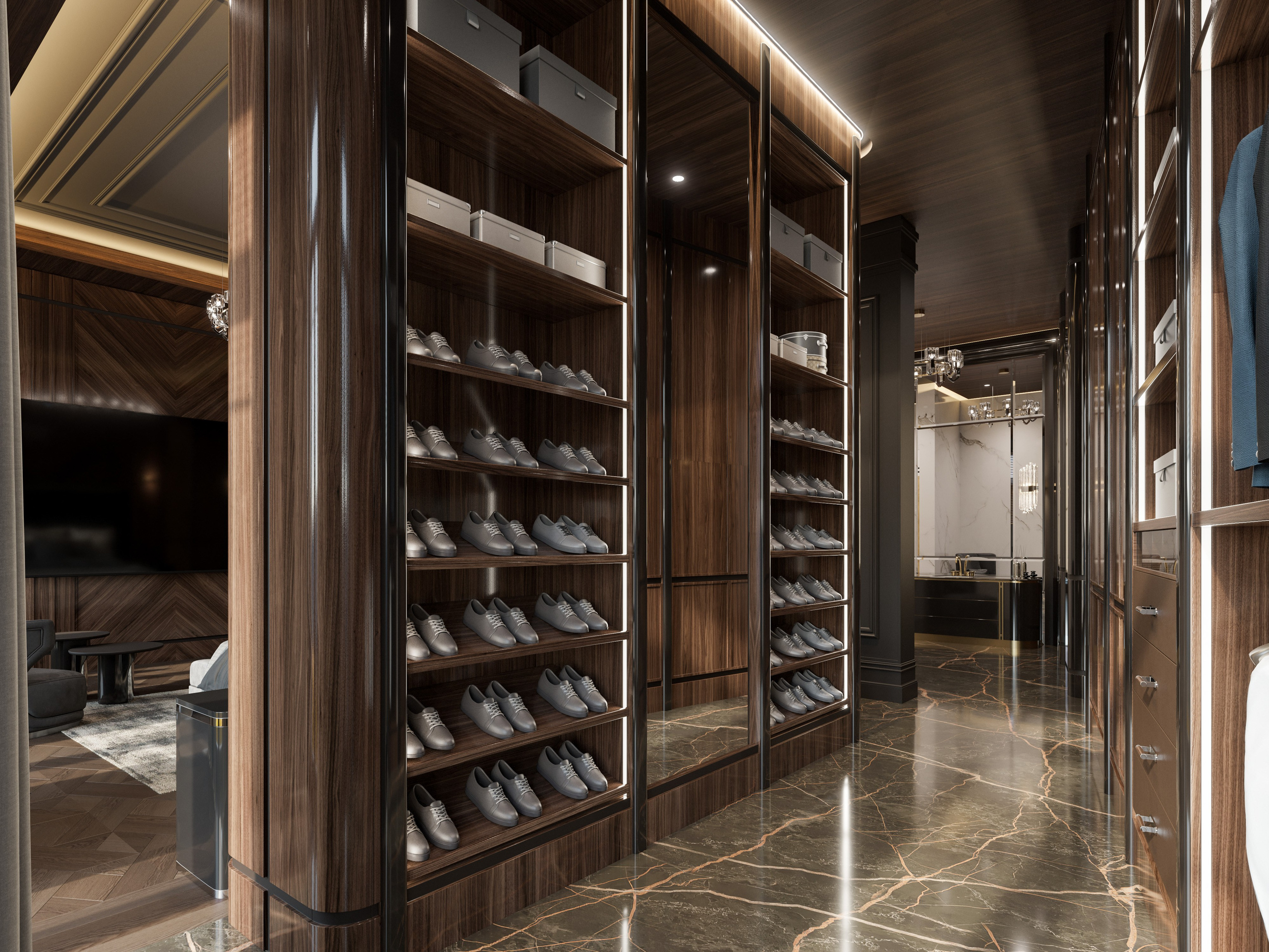 Встроенные шкафы в мужской спальне с лепными карнизами и деревянными фасадами