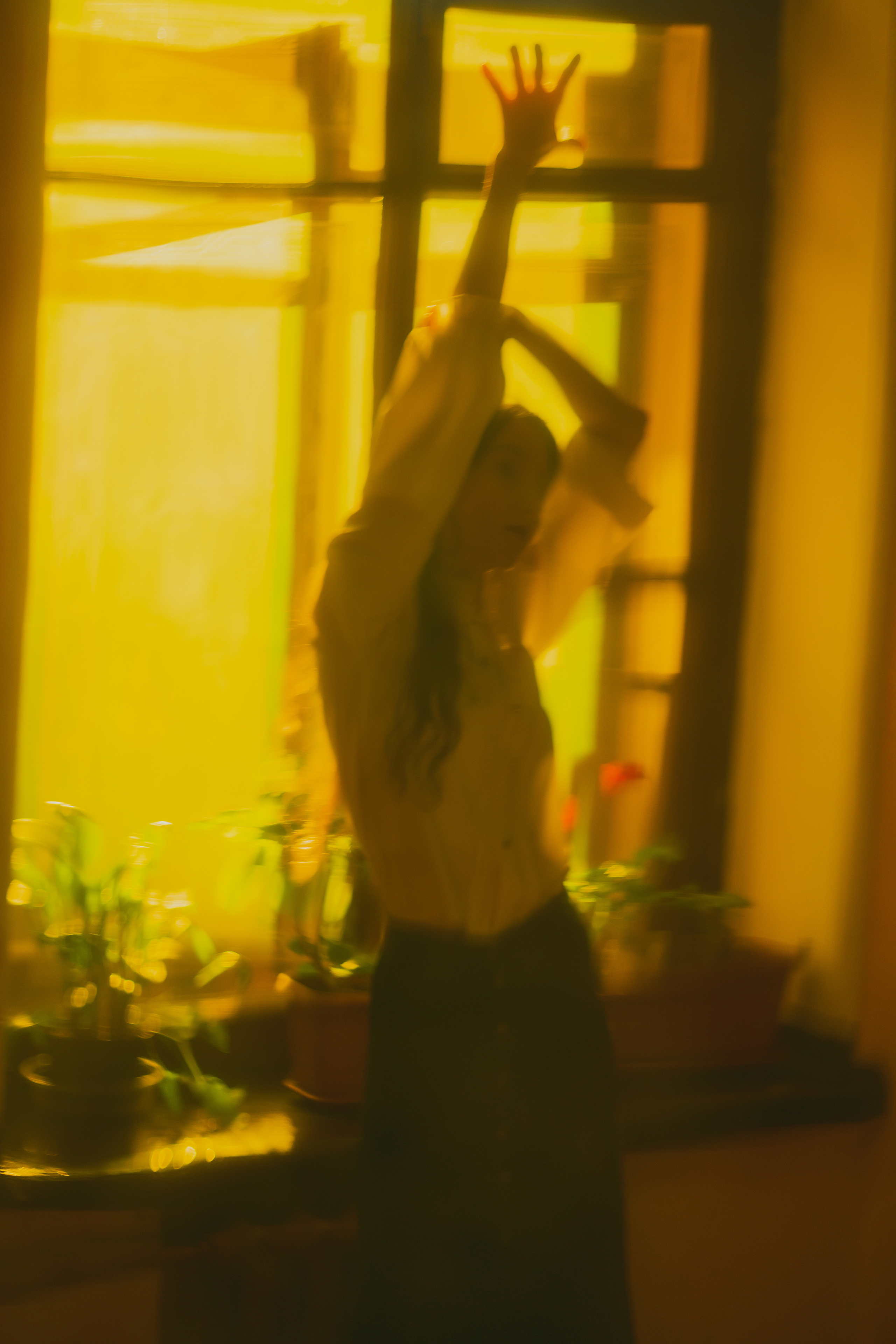 Светящиеся желто-зеленые цвета, снятые через отражение старинного зеркала в атмосферной фотосессии с красивой девушкой у окна, киношные цвета. Alexander Veselkov - Photographer| AV