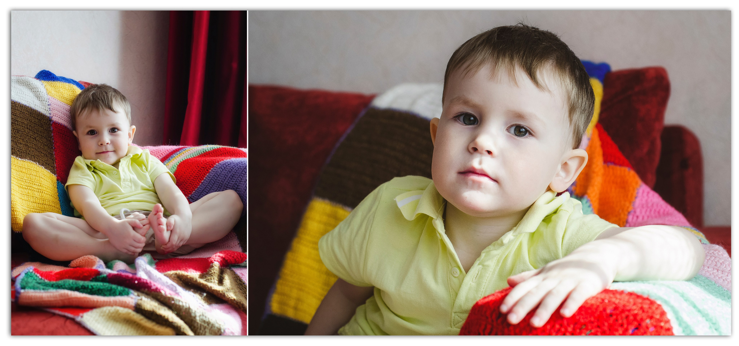 Малыш в салатовой футболке на ярком вязаном пледе, уютно.