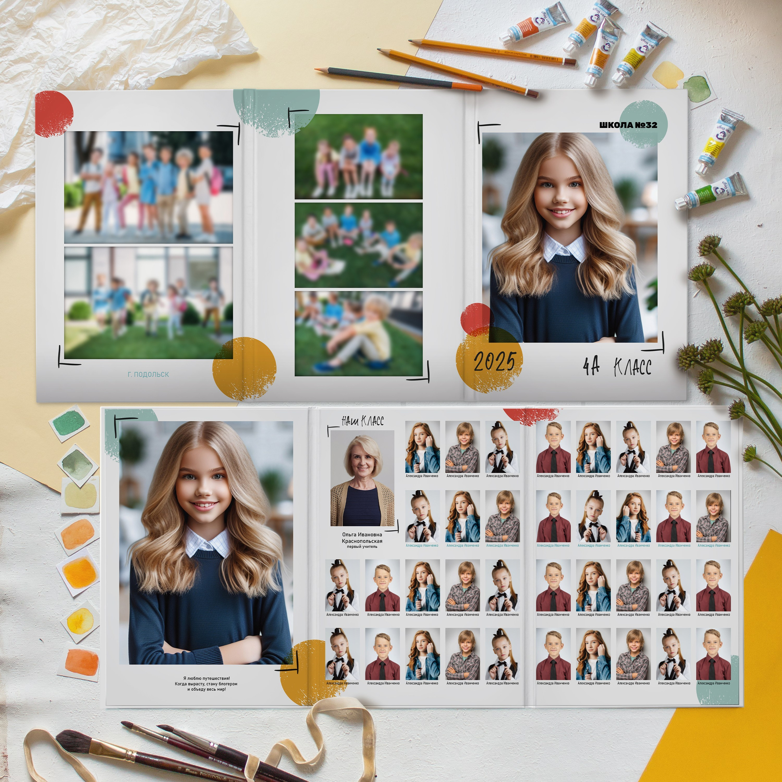 Школьный выпускной фотоальбом 4А класса 2025 года: развороты с размытыми репортажными фотографиями детей на улице, крупный портрет девочки в школьной форме, страница с классным руководителем и таблицей портретов всех учеников класса, современный минималистичный дизайн в светлых тонах с цветными абстрактными пятнами и надписью “школа №32