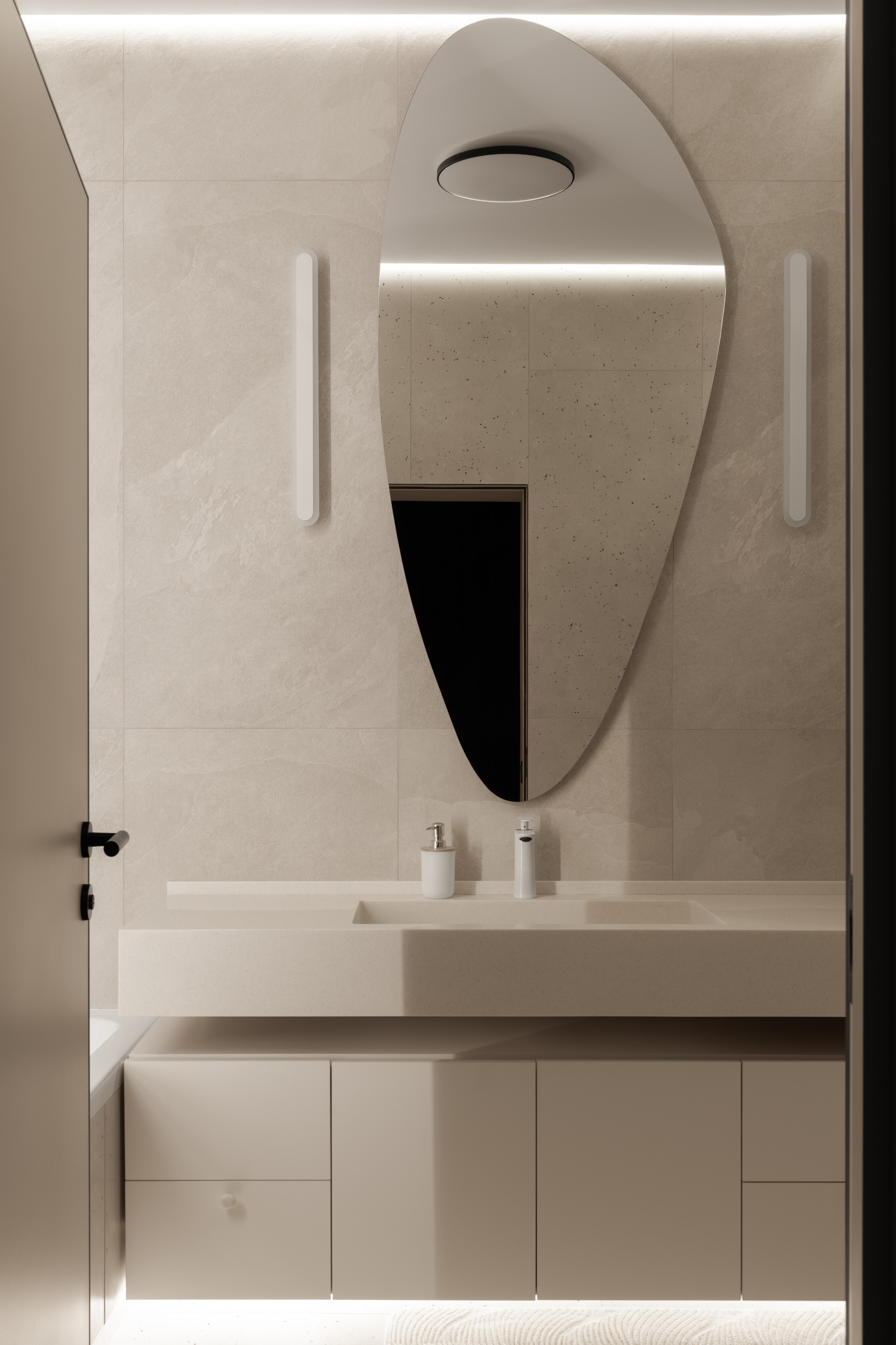 Интерьерная фотосессия, фотографии санузла в реализованном дизайн-проекте со включенным светом. 